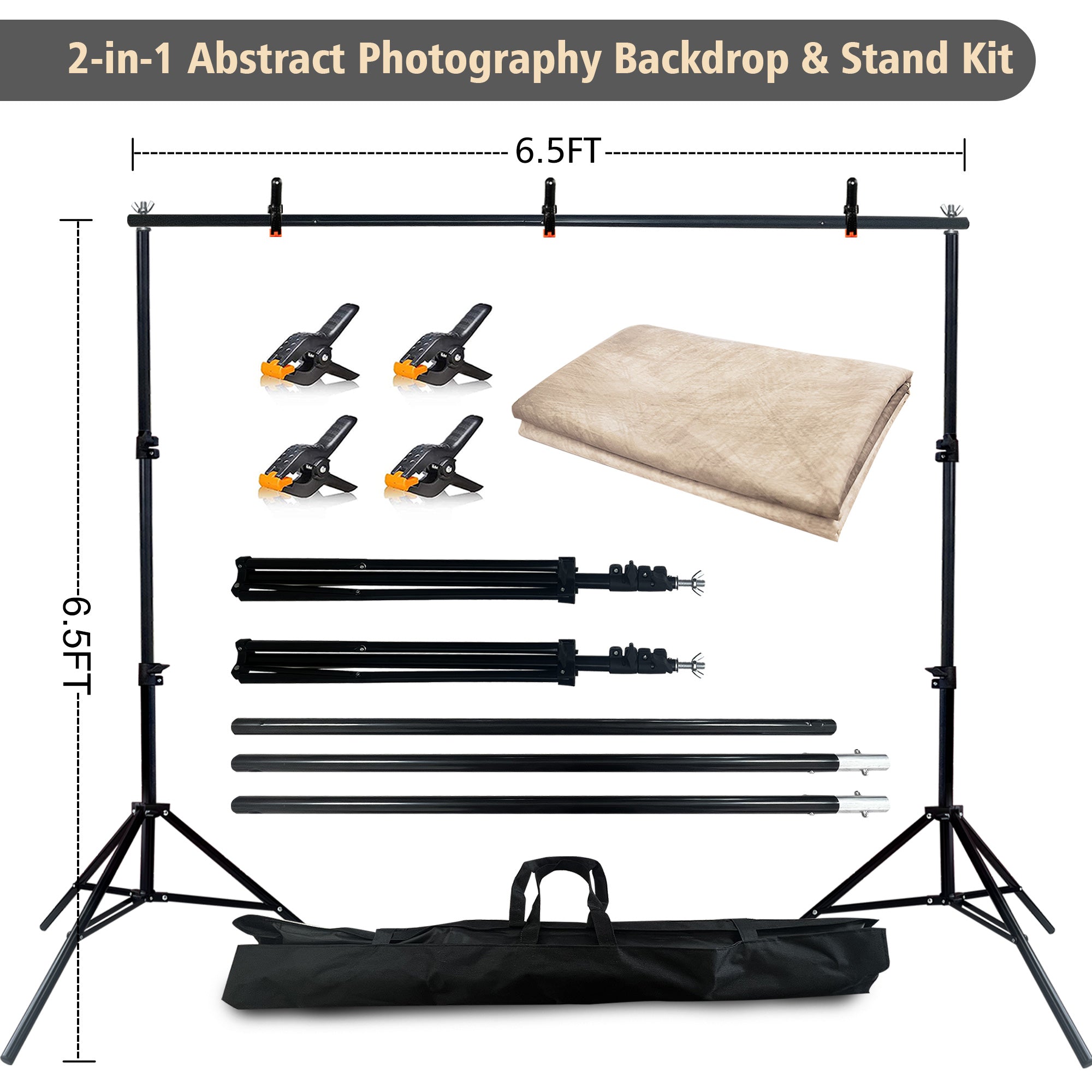 2-in-1 Abstract Photography Backdrop Stand Kit - 6.5x6.5 ft Portable Dual Rod Stand with 6x8 ft Polyester Fabric Backdrop for Portraits and Photo Props - Roller Pocket Design(6x8ft,Beige)