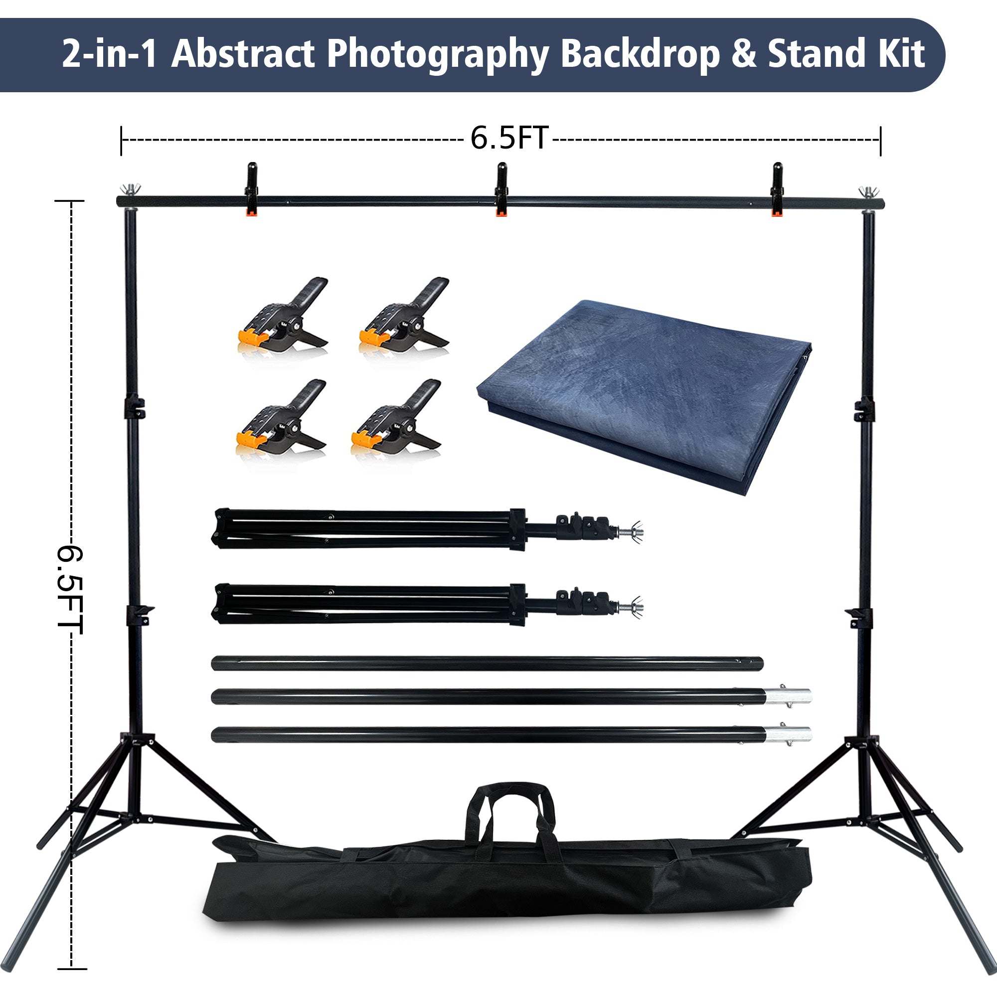 2-in-1 Abstract Photography Backdrop Stand Kit - 6.5x6.5 ft Portable Dual Rod Stand with 6x8 ft Polyester Fabric Backdrop for Portraits and Photo Props - Roller Pocket Design(6x8ft,Blue)