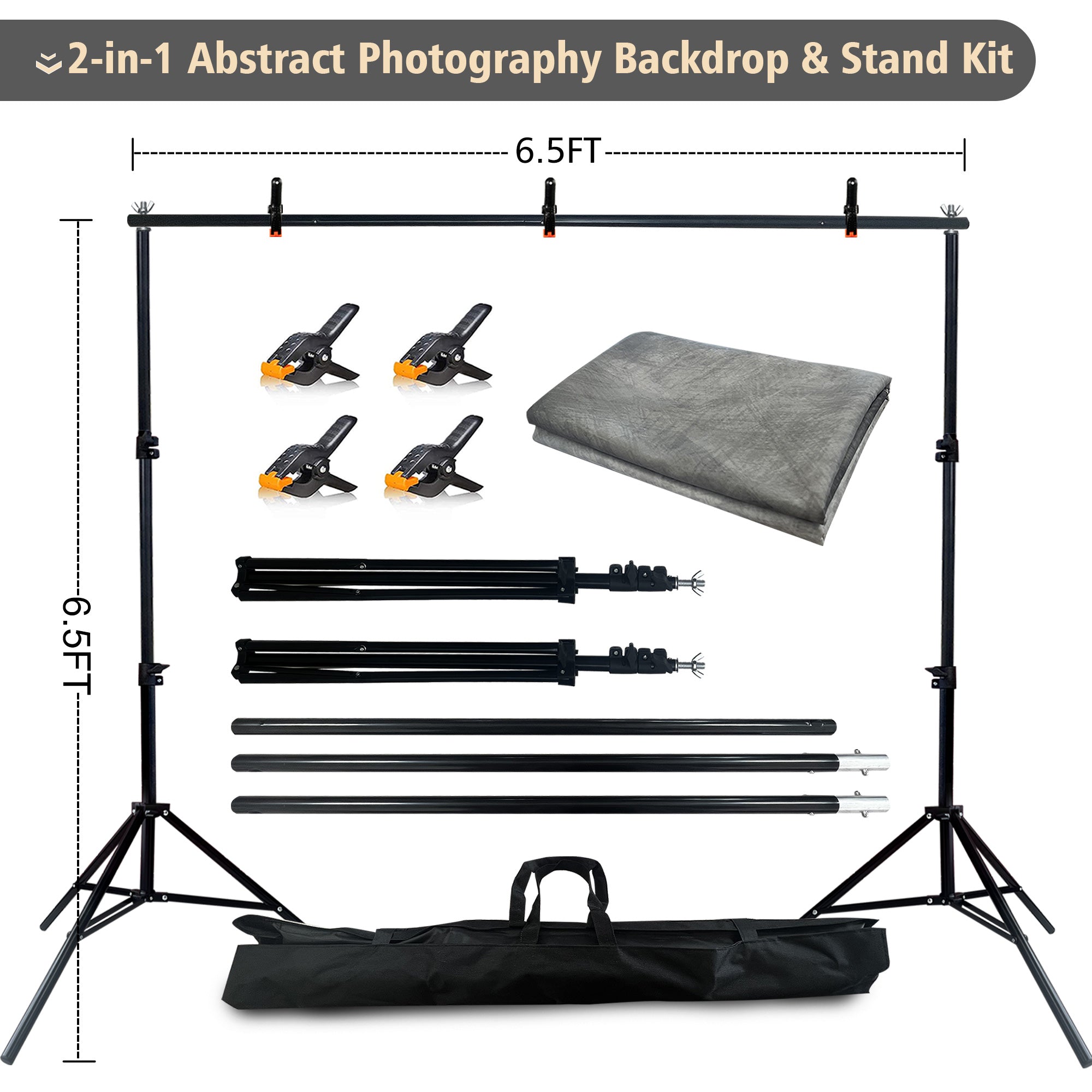 2-in-1 Abstract Photography Backdrop Stand Kit - 6.5x6.5 ft Portable Dual Rod Stand with 6x8 ft Polyester Fabric Backdrop for Portraits and Photo Props - Roller Pocket Design(6x8ft,Grey)