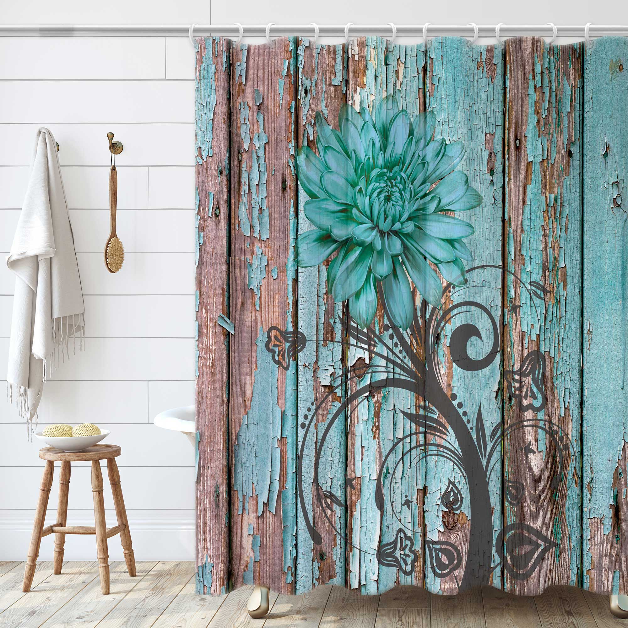 Retro nostalgic style Pattern Shower Curtain Set ,Waterproof and Luxurious Fabric-12 Hooks