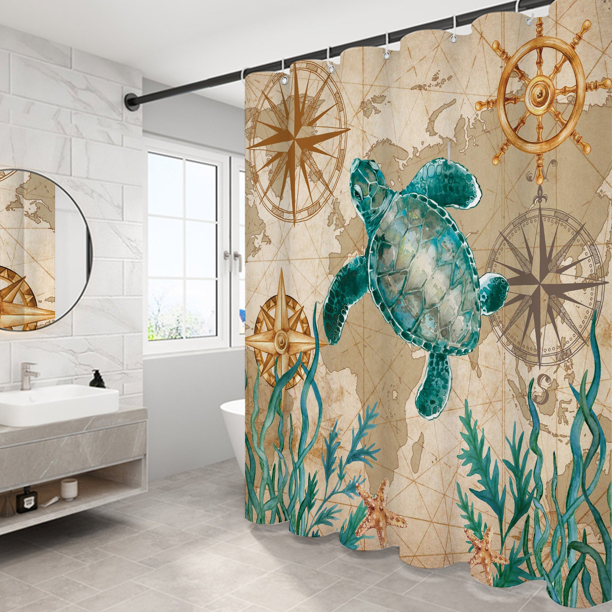 Retro turtle Pattern Shower Curtain Set ,Waterproof and Luxurious Fabric-12 Hooks