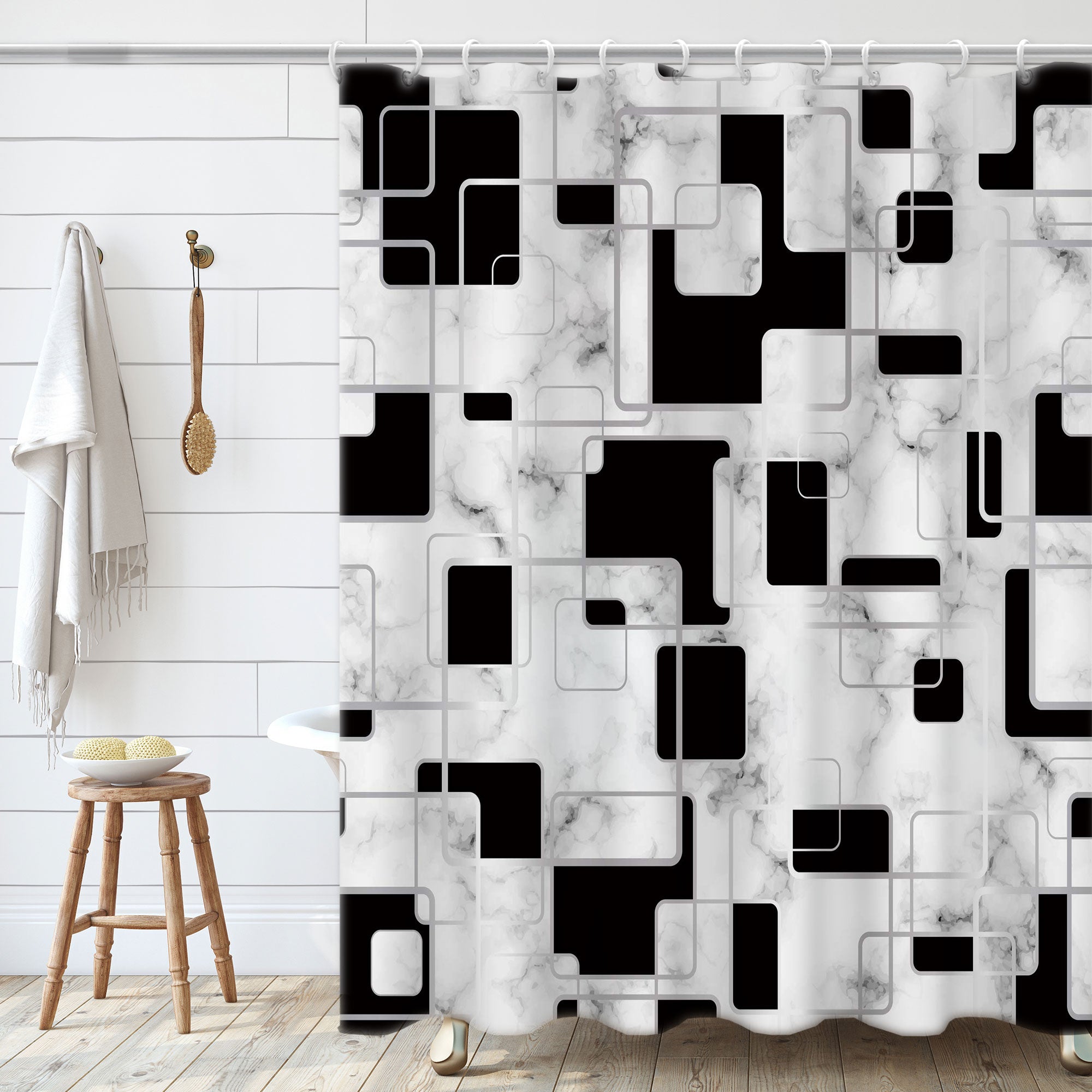 Geometric black and white squares Pattern Shower Curtain Set ,Waterproof and Luxurious Fabric-12 Hooks