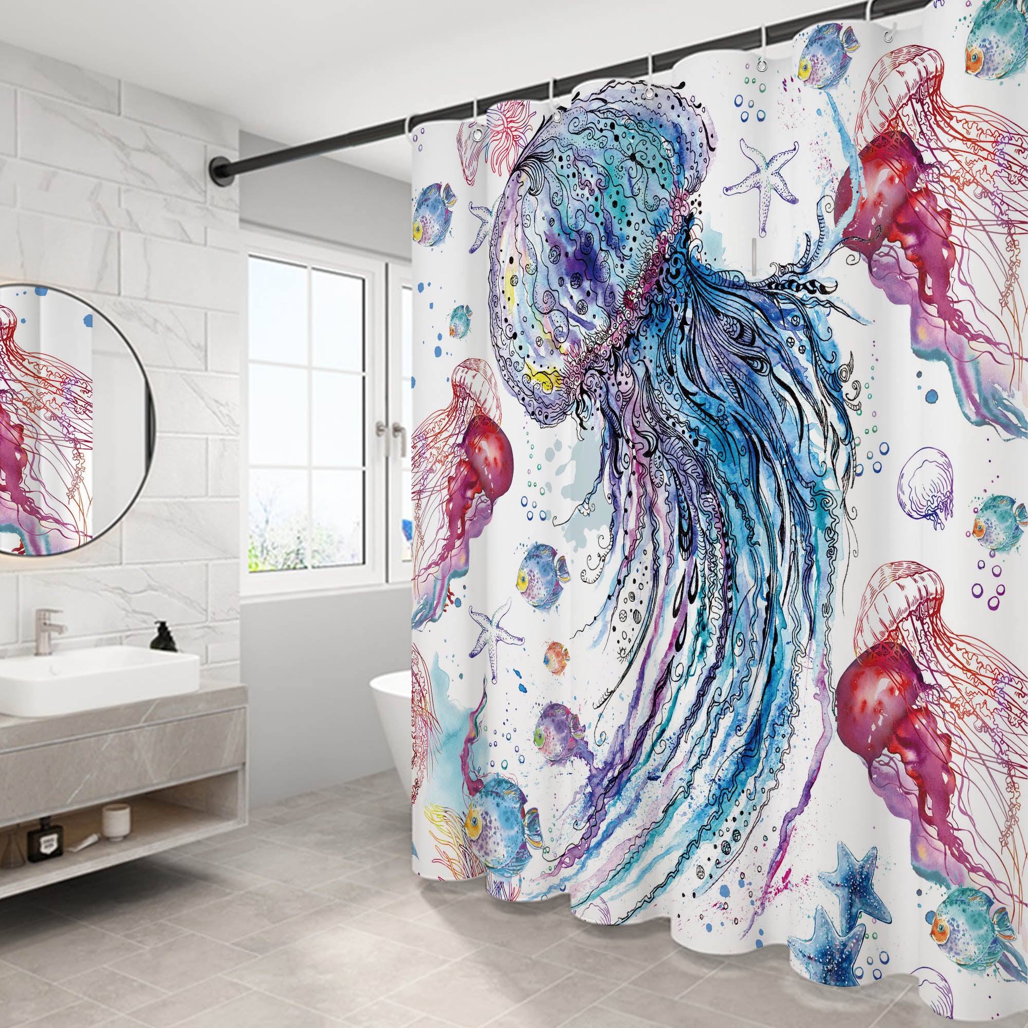 Fantasy Jellyfish Pattern Shower Curtain Set ,Waterproof and Luxurious Fabric-12 Hooks
