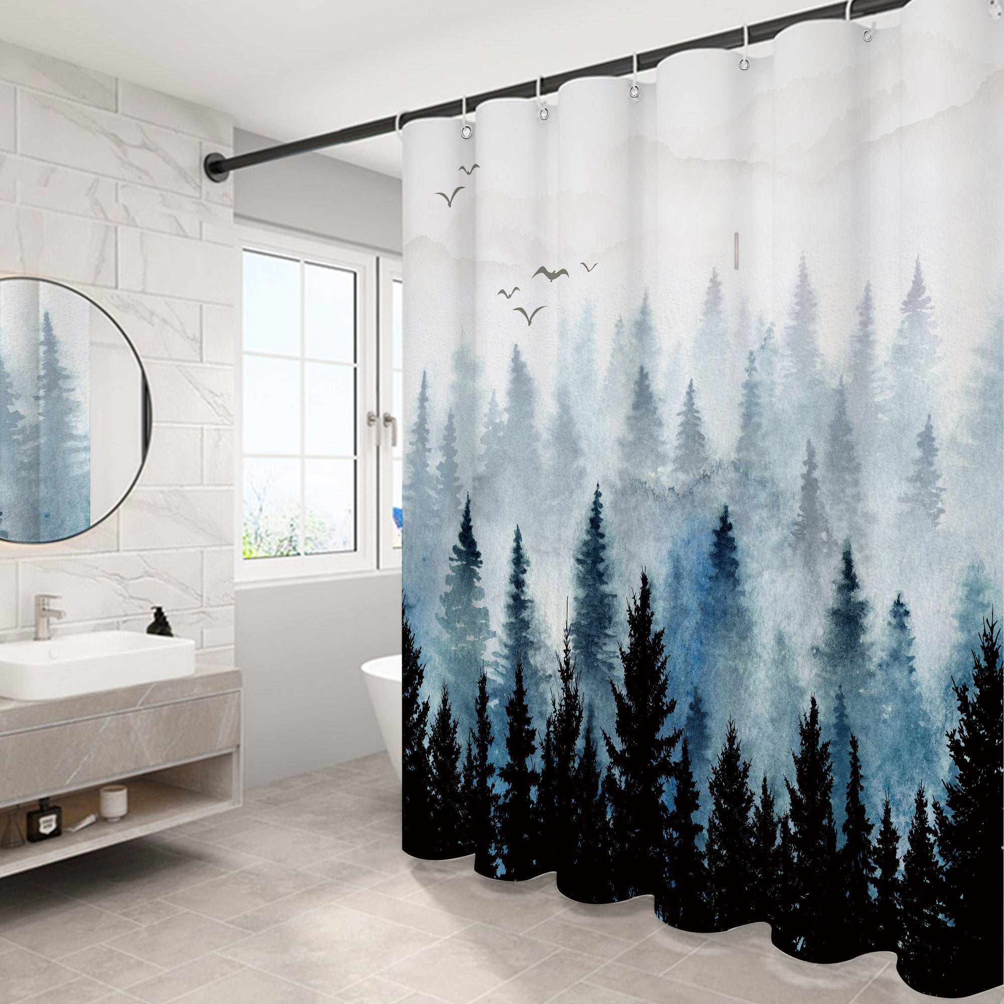 Ink Forest Pattern Shower Curtain Set ,Waterproof and Luxurious Fabric-12 Hooks