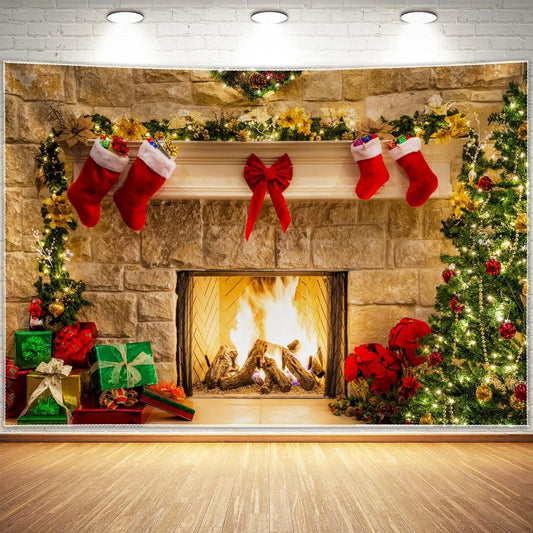 Haboke Christmas Fireplace Backdrop Photo Background Decorations