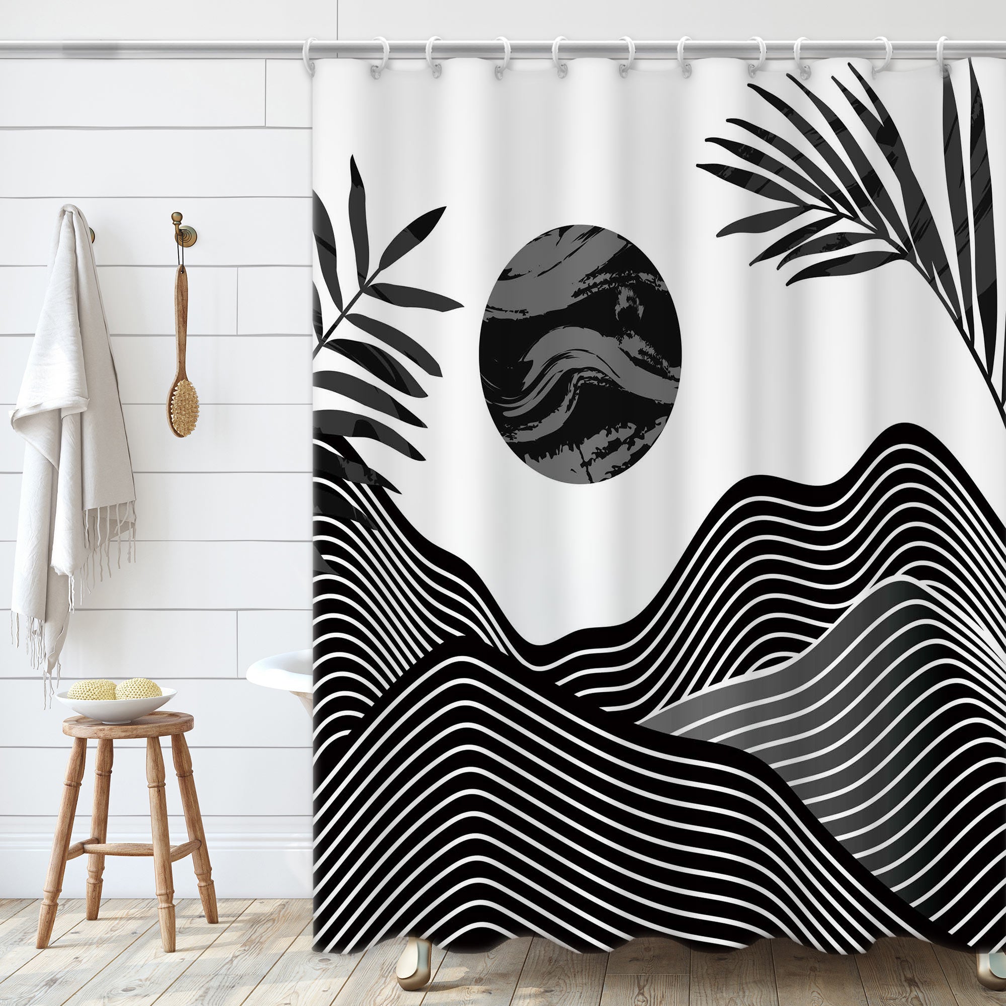 Abstract lines mountain Pattern Shower Curtain Set ,Waterproof and Luxurious Fabric-12 Hooks