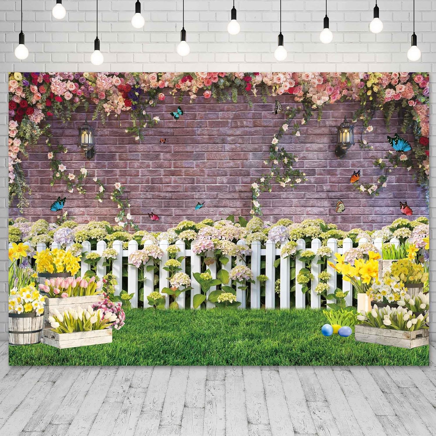Spring Backdrop for Photography Flower Fence Pink Brick Wall Butterfly Decor Background Newborn Baby Portrait Easter Spring Photo Backdrop Shoot Booth Props