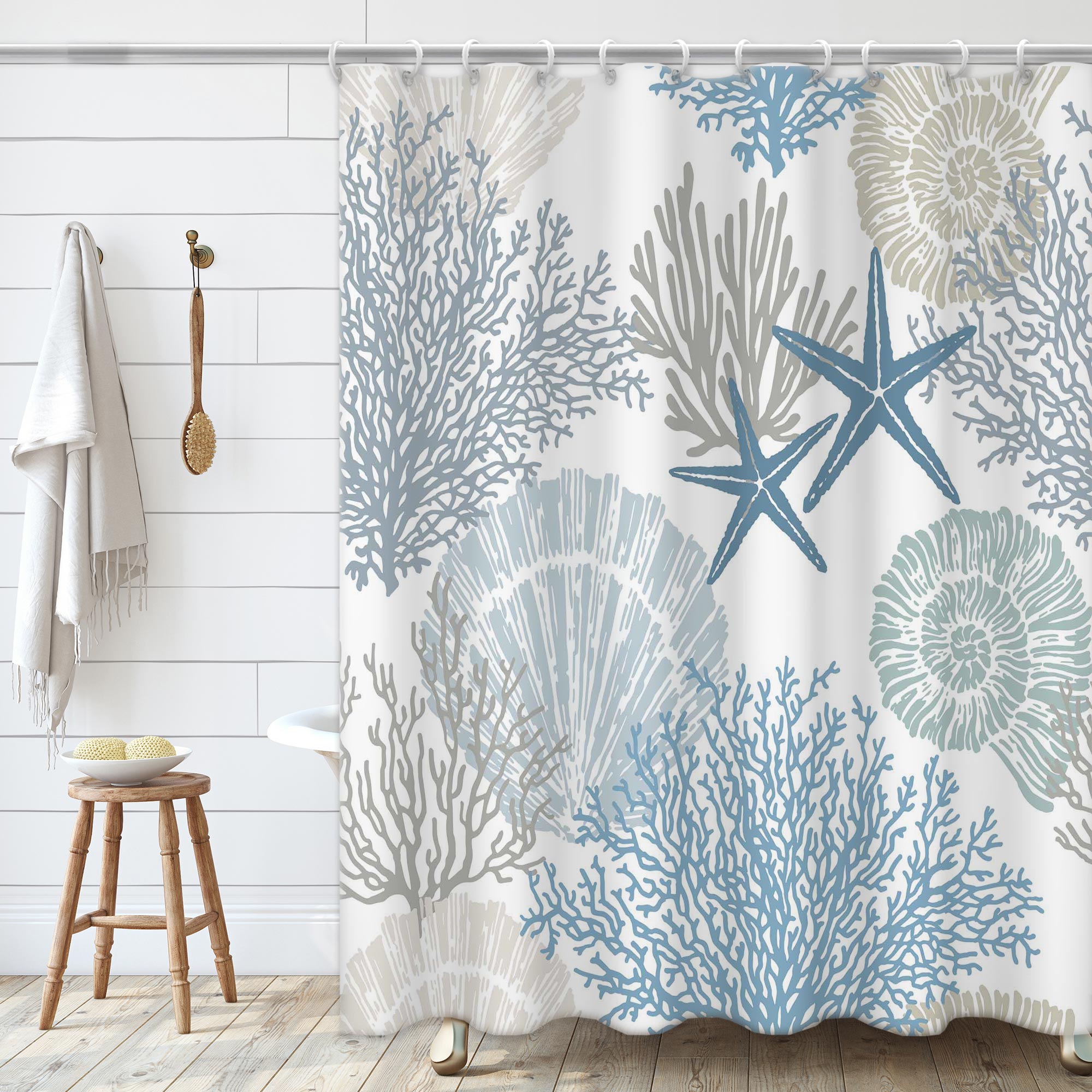 Colorful coral Pattern Shower Curtain Set ,Waterproof and Luxurious Fabric-12 Hooks