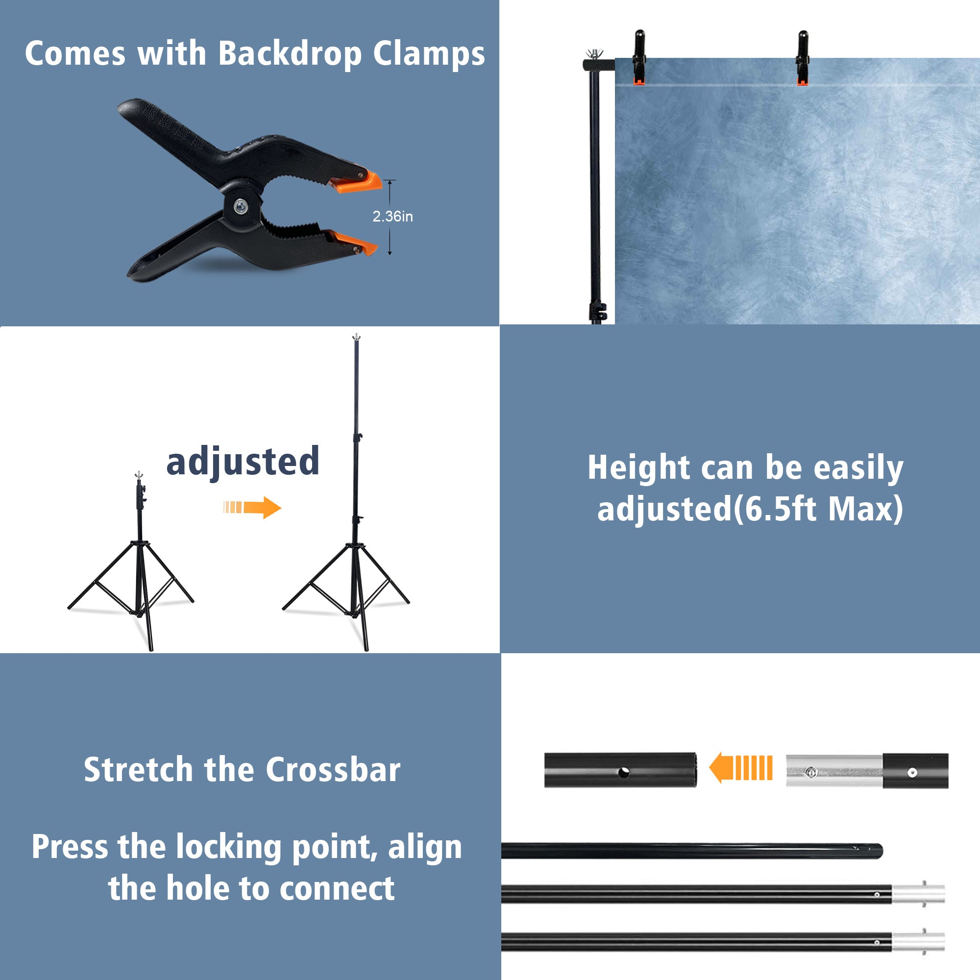 2-in-1 Abstract Photography Backdrop Kit - 6.5x6.5 ft Portable Dual Rod Stand with 6x8 ft Polyester Fabric Backdrop for Portraits and Photo Props - Roller Pocket Design(6x8ft,Light Blue)