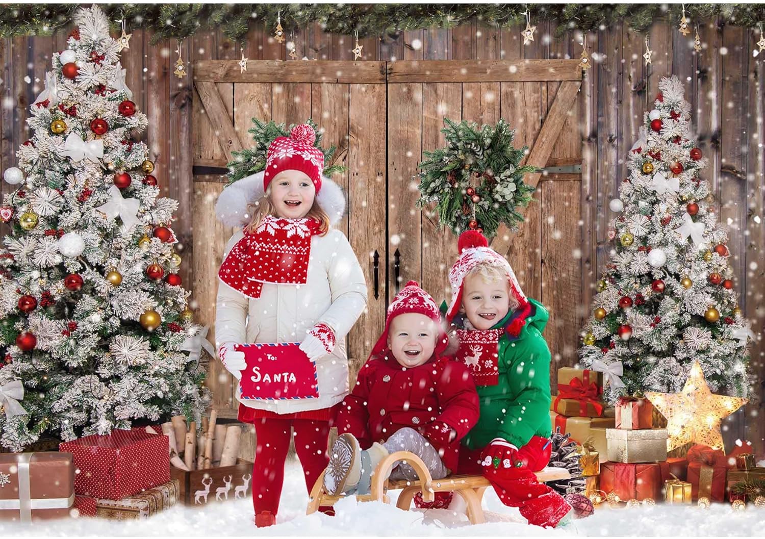 Winter Christmas Wondarland Rustic Wood Door Photography Backdrop for Party Decorations
