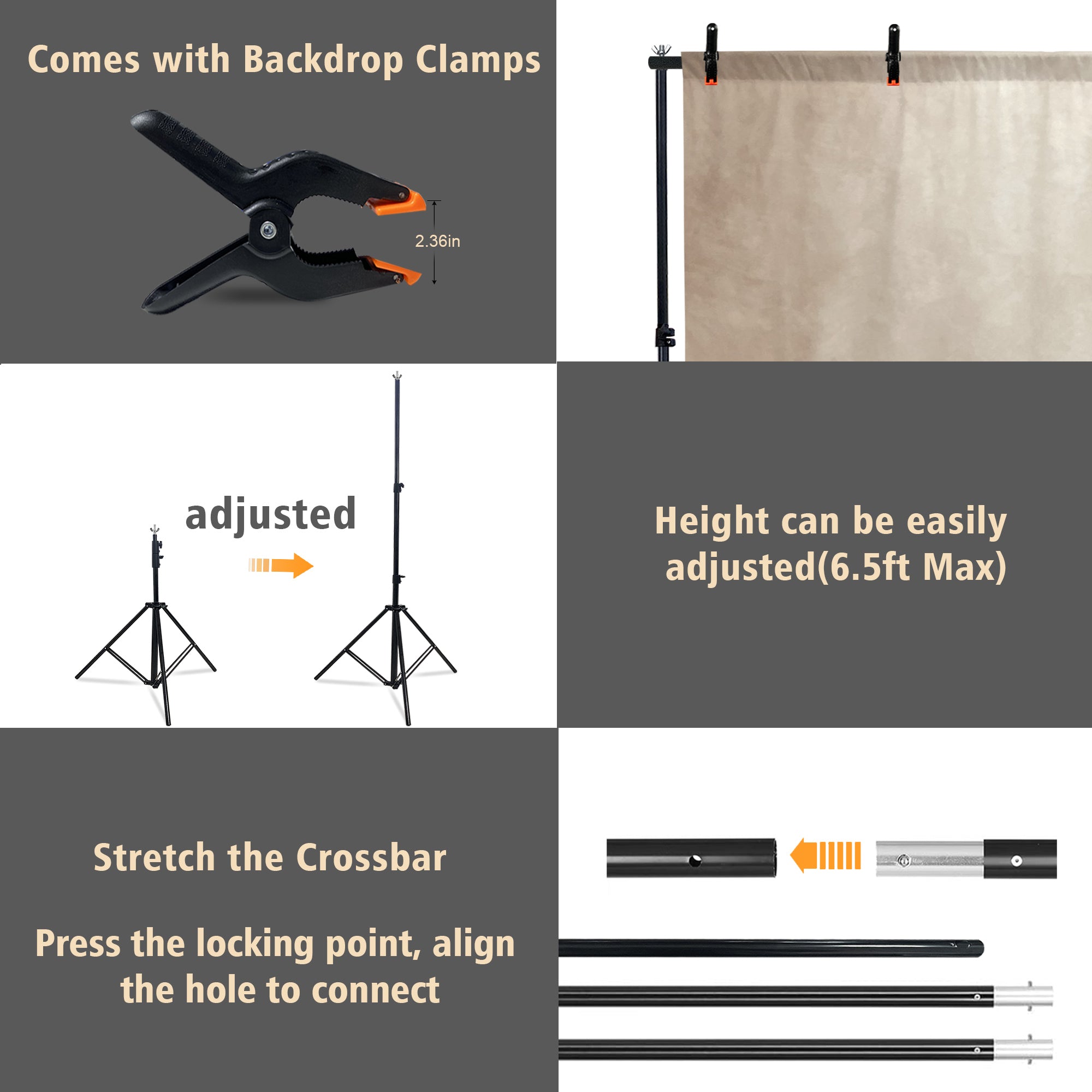 2-in-1 Abstract Photography Backdrop Stand Kit - 6.5x6.5 ft Portable Dual Rod Stand with 6x8 ft Polyester Fabric Backdrop for Portraits and Photo Props - Roller Pocket Design(6x8ft,Beige)