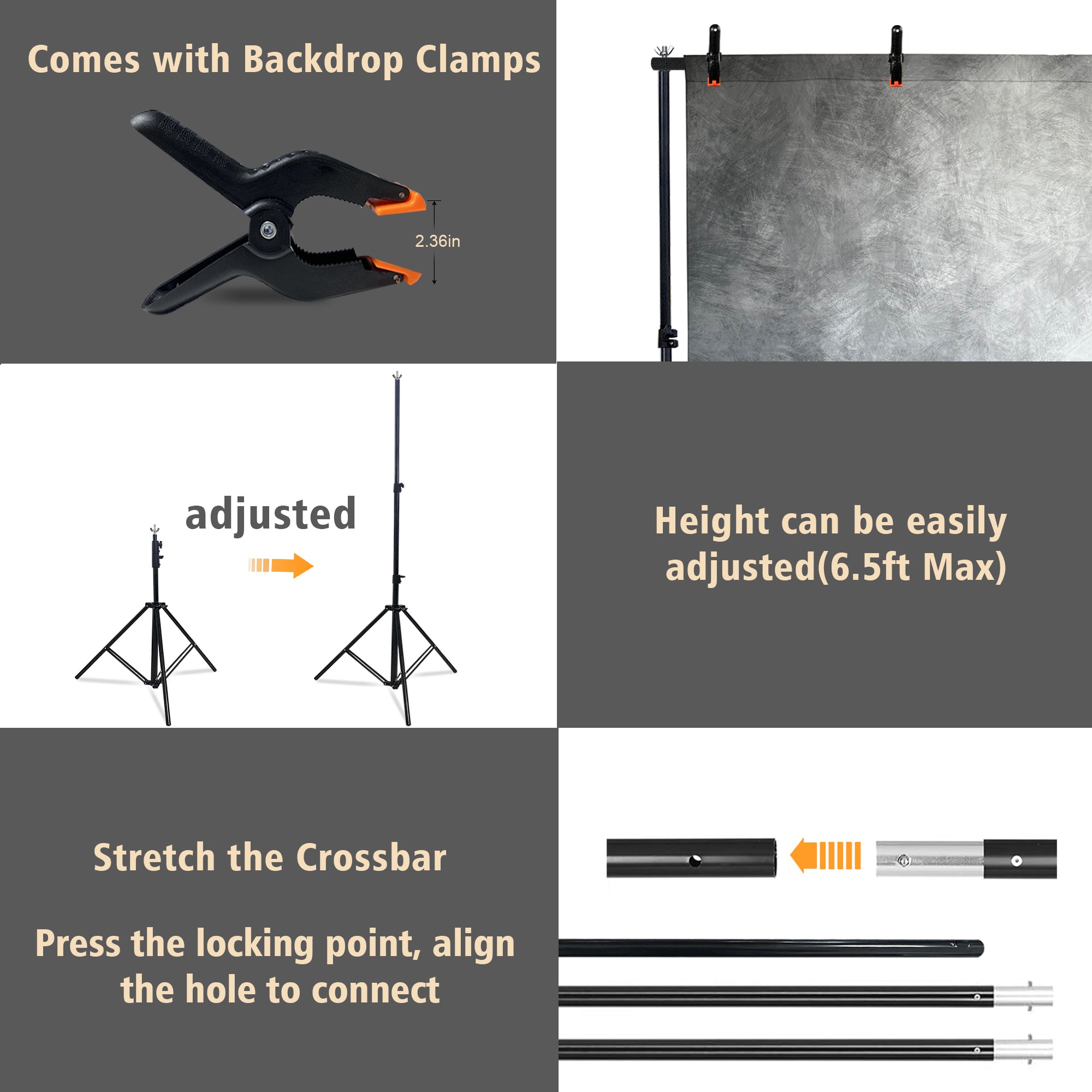2-in-1 Abstract Photography Backdrop Stand Kit - 6.5x6.5 ft Portable Dual Rod Stand with 6x8 ft Polyester Fabric Backdrop for Portraits and Photo Props - Roller Pocket Design(6x8ft,Grey)