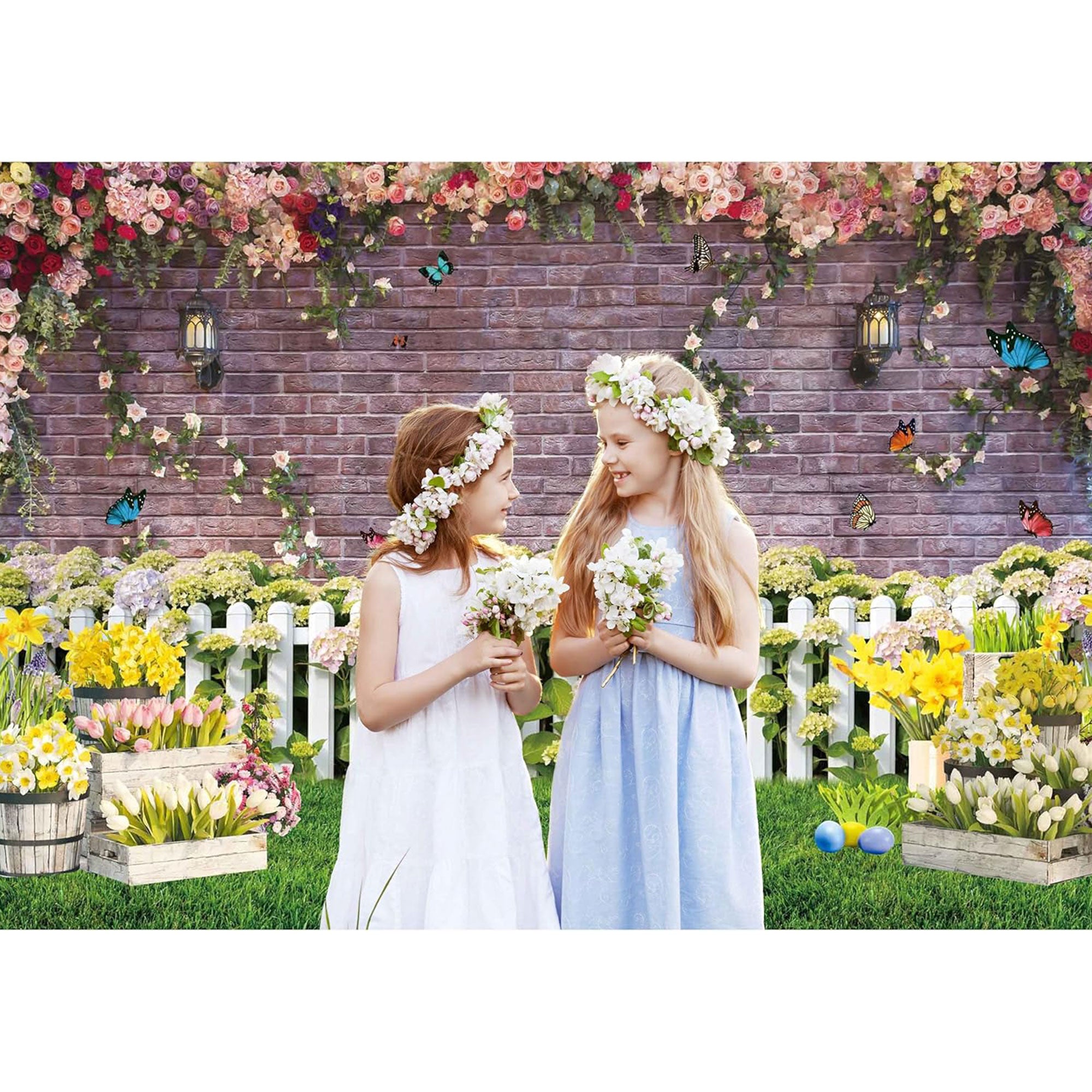 Spring Backdrop for Photography Flower Fence Pink Brick Wall Butterfly Decor Background Newborn Baby Portrait Easter Spring Photo Backdrop Shoot Booth Props
