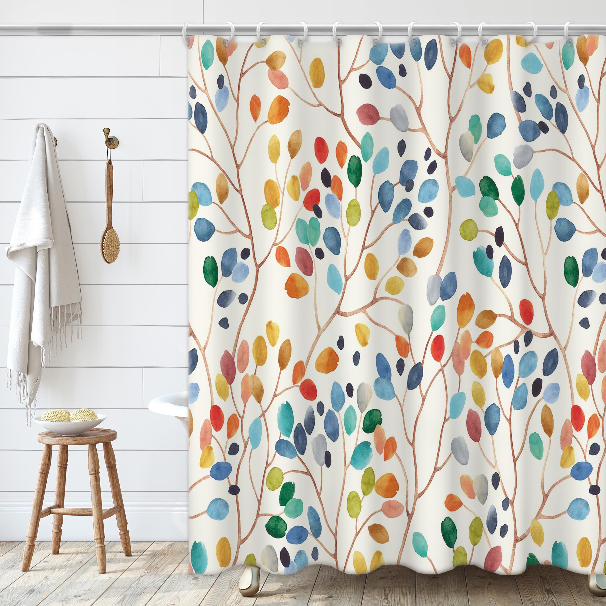 Circular colorful leaves Pattern Shower Curtain Set ,Waterproof and Luxurious Fabric-12 Hooks