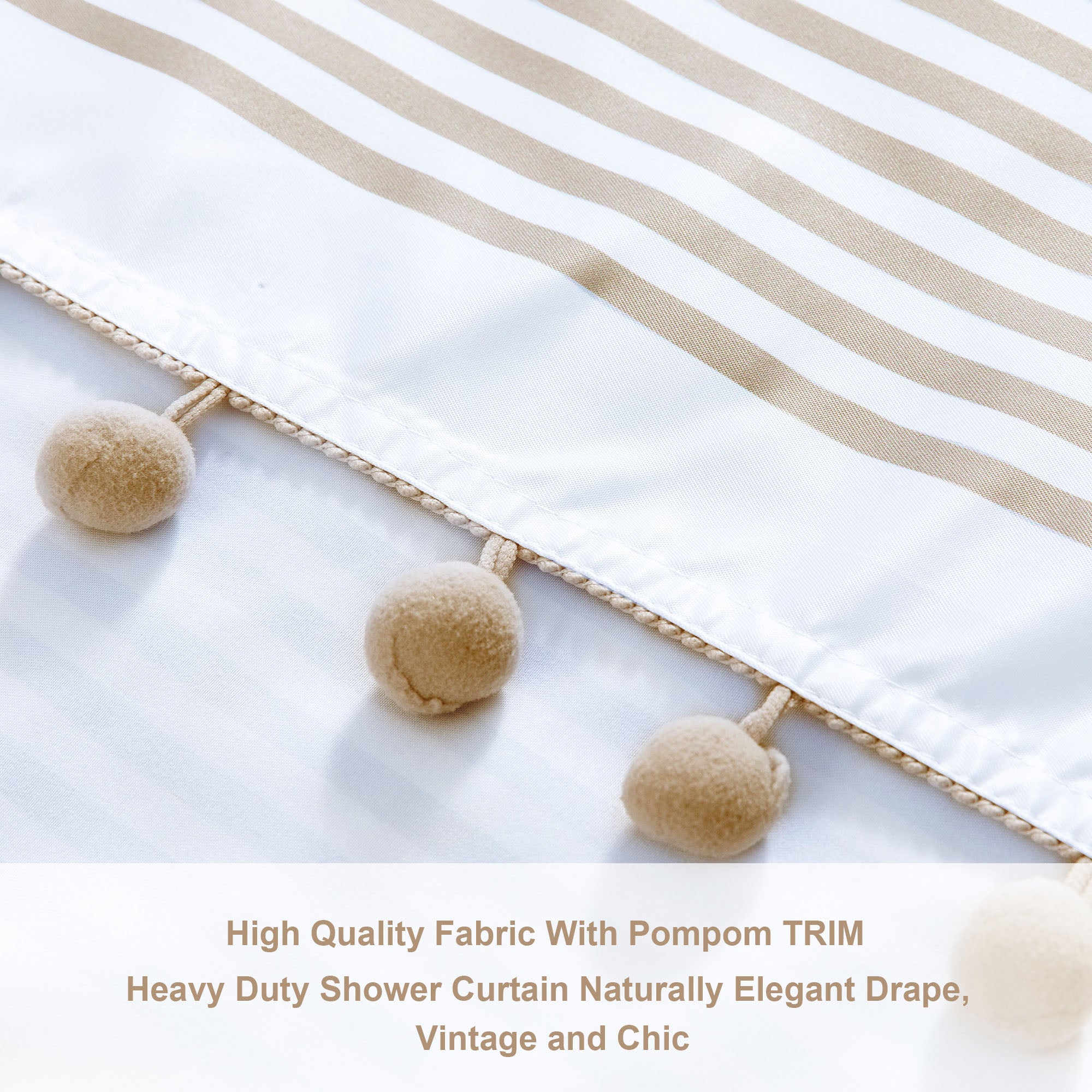 Luxury Fabric Farmhouse Boho Beige Shower Curtain Khaki Shower Curtains with Pompom