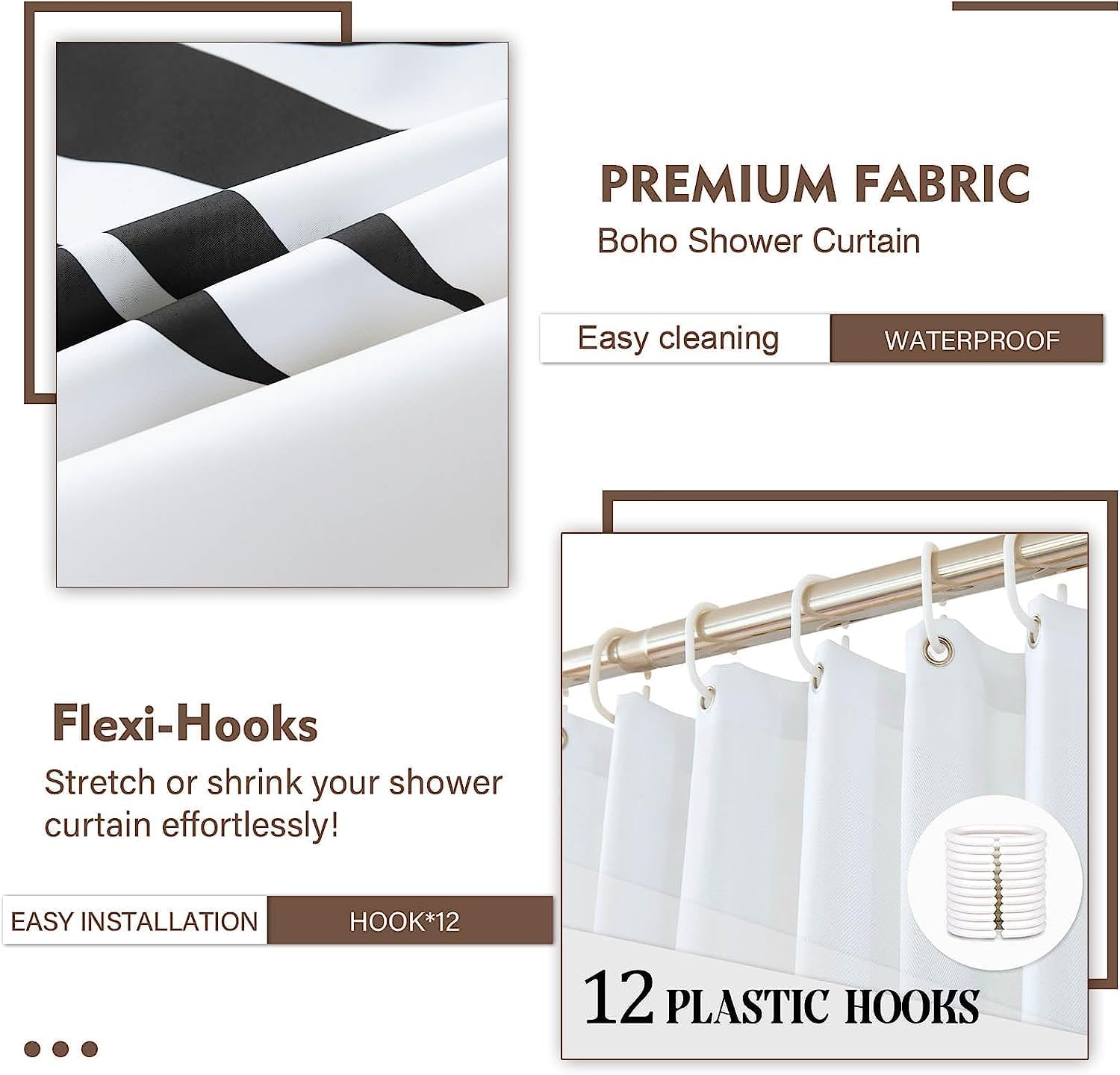 Black and White Boho Shower Curtain Set,Arch Sun Design,Sage Green Minimalistic Leaves Pattern,Waterproof and Durable Luxurious Fabric-12 Hooks