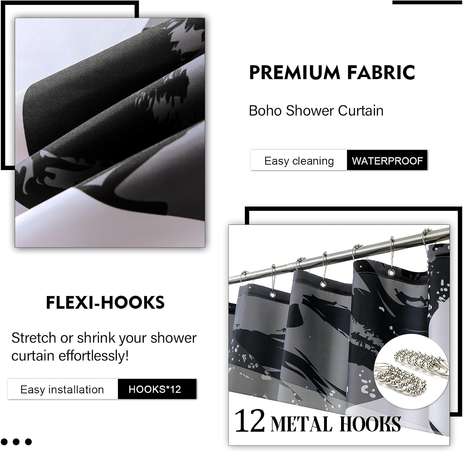 Black and White Boho Shower Curtain Set with Black Tassel Accents and Modern Minimalistic Design Waterproof Polyester,12 Anti Rust Hooks