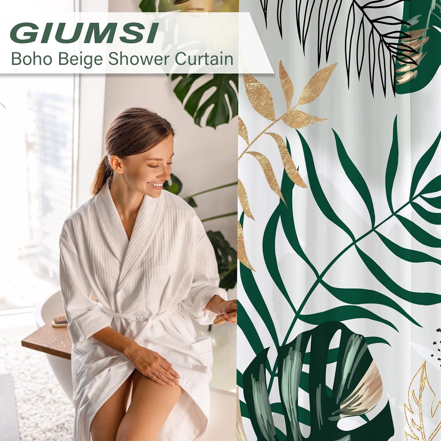 Boho Mid-Century Leaf Shower Curtain Set - Chic Green Abstract Design, Tropical Watercolor, Modern Bathroom Decor with Hooks - Washable Fabric
