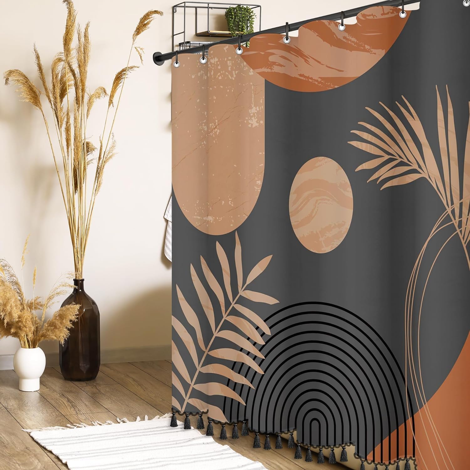 Boho Mid Century Leaf Shower Curtain Luxurious Chocolate Fabric-12 Hooks