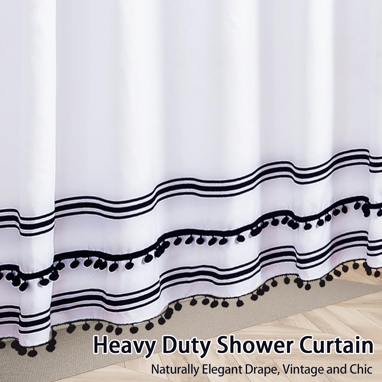 Black and White Fabric Shower Curtain Sets with Boho Tassel Pendants