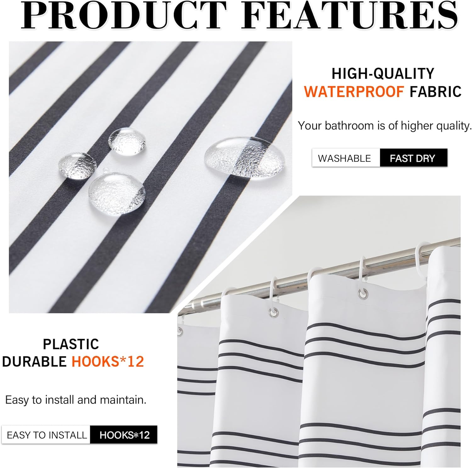 Microfiber Soft Fabric Waterproof Shower Curtain Farmhouse Black and White Striped Sets with Black Boho Tassels Modern Classics Curtains for Bathroom