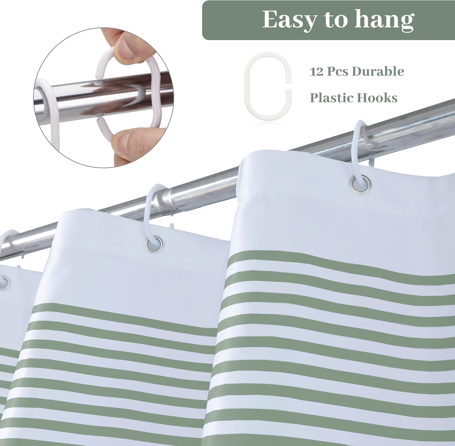 Luxury Fabric Farmhouse Sage Green Shower Curtain Green and White with Pompom Boho Modern Classics Striped Curtains with 12 Hooks Washable for Bathroom