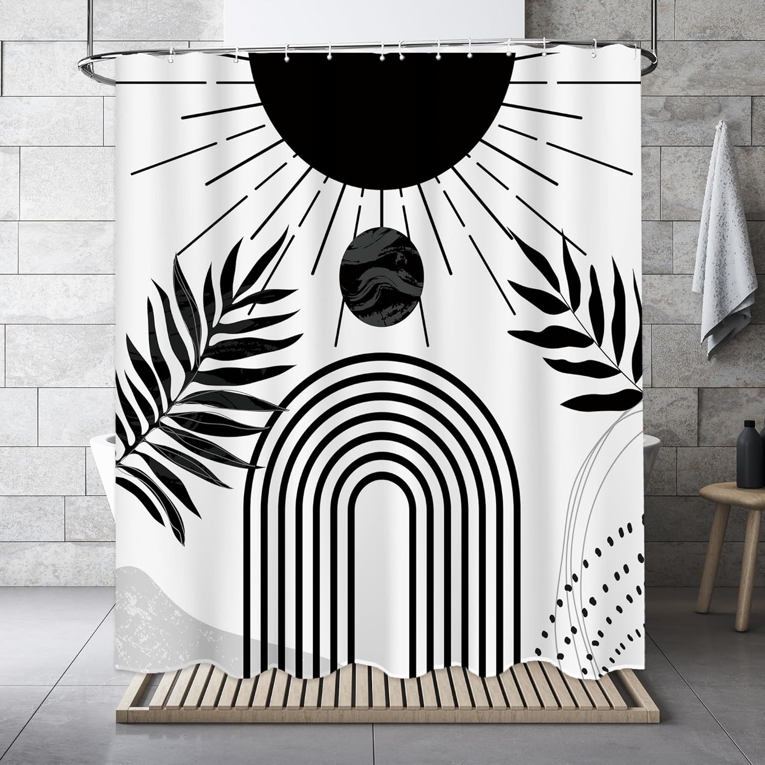 Black and White Boho Shower Curtain Set,Arch Sun Design,Sage Green Minimalistic Leaves Pattern,Waterproof and Durable Luxurious Fabric-12 Hooks