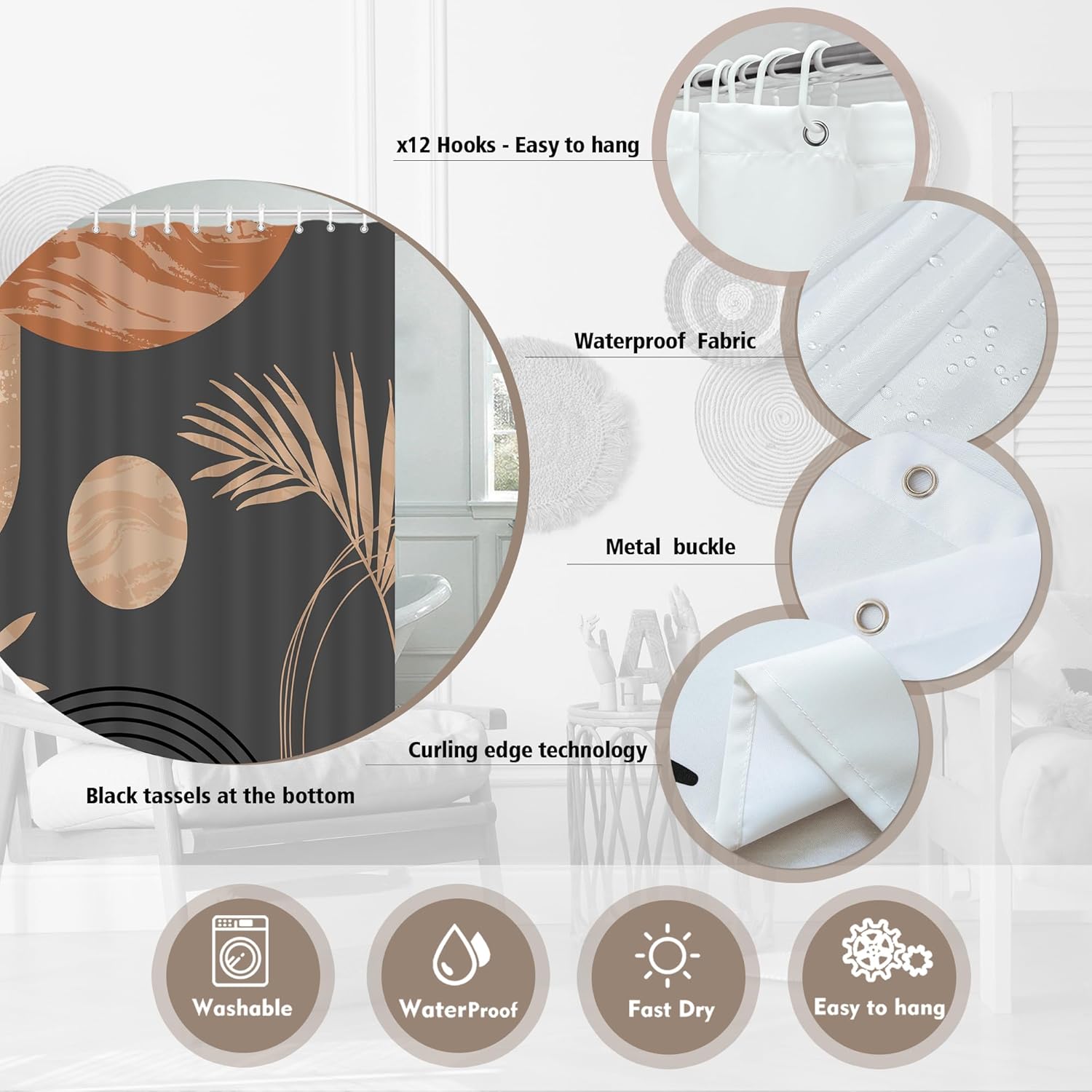 Boho Mid Century Leaf Shower Curtain Luxurious Chocolate Fabric-12 Hooks