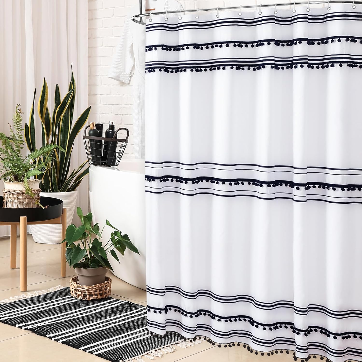 Black and White Fabric Shower Curtain Sets with Boho Tassel Pendants
