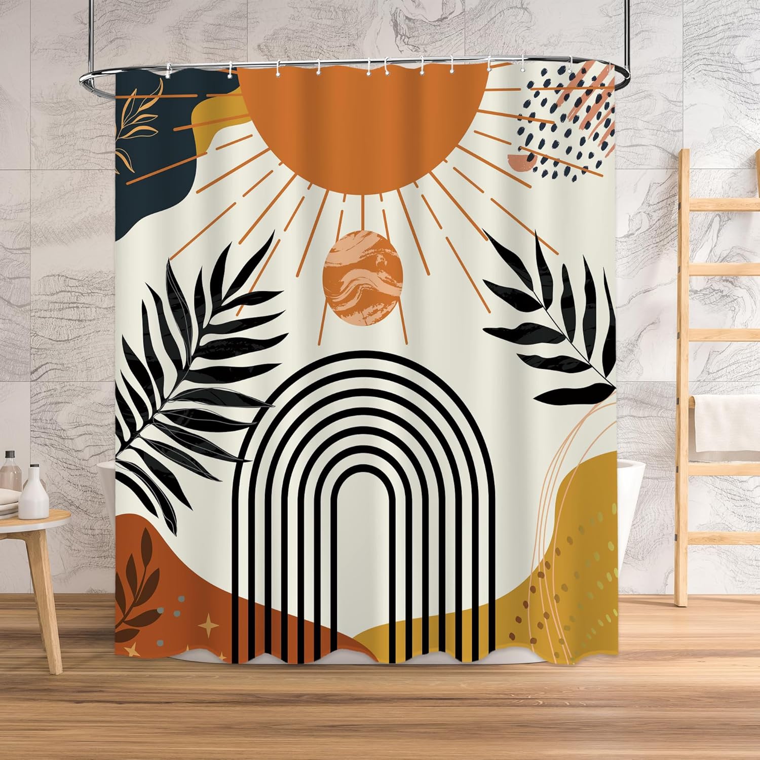 Abstract Tangerine Boho Shower Curtain Set,Arch Sun Design,Sage Green Minimalistic Leaves Pattern,Waterproof and Durable Luxurious Fabric-12 Hooks