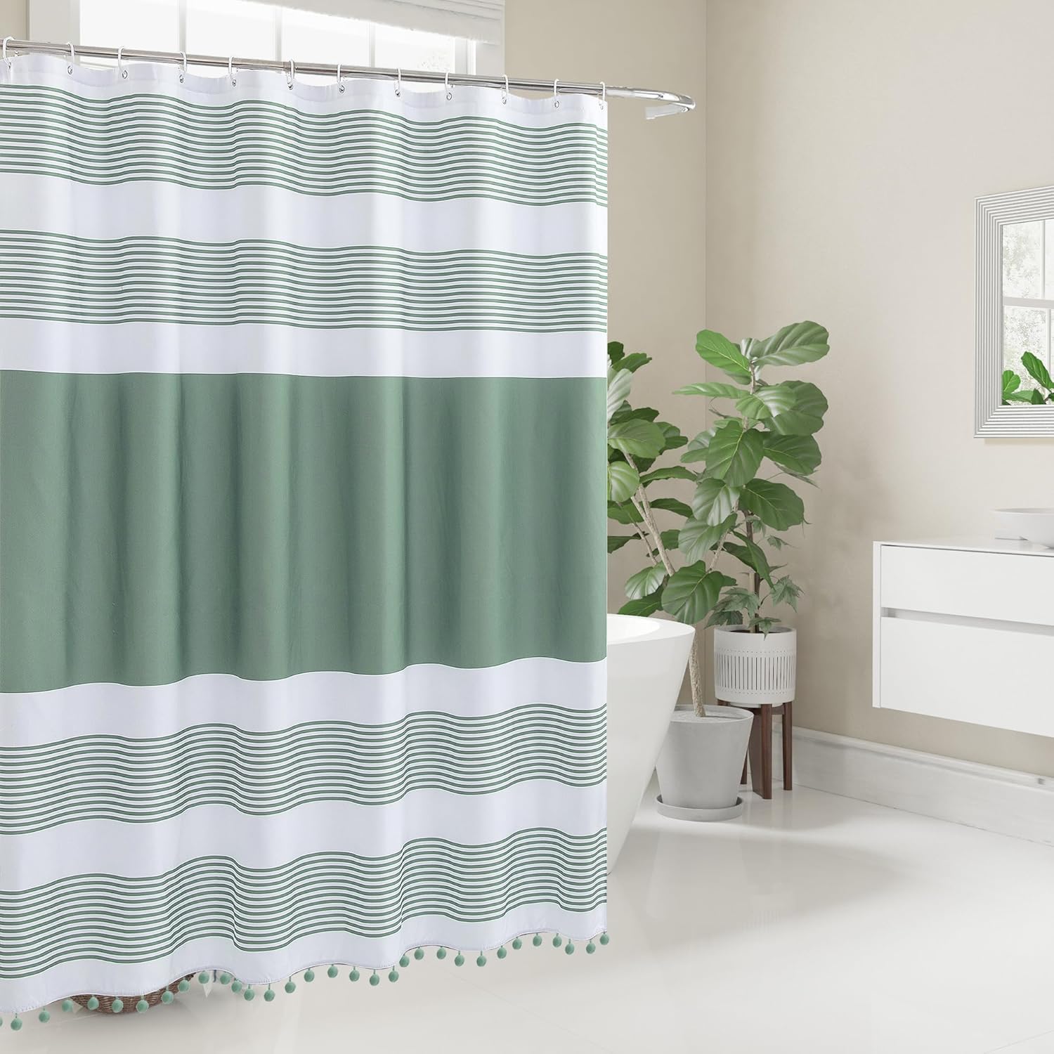 Luxury Fabric Farmhouse Sage Green Shower Curtain Green and White with Pompom Boho Modern Classics Striped Curtains with 12 Hooks Washable for Bathroom