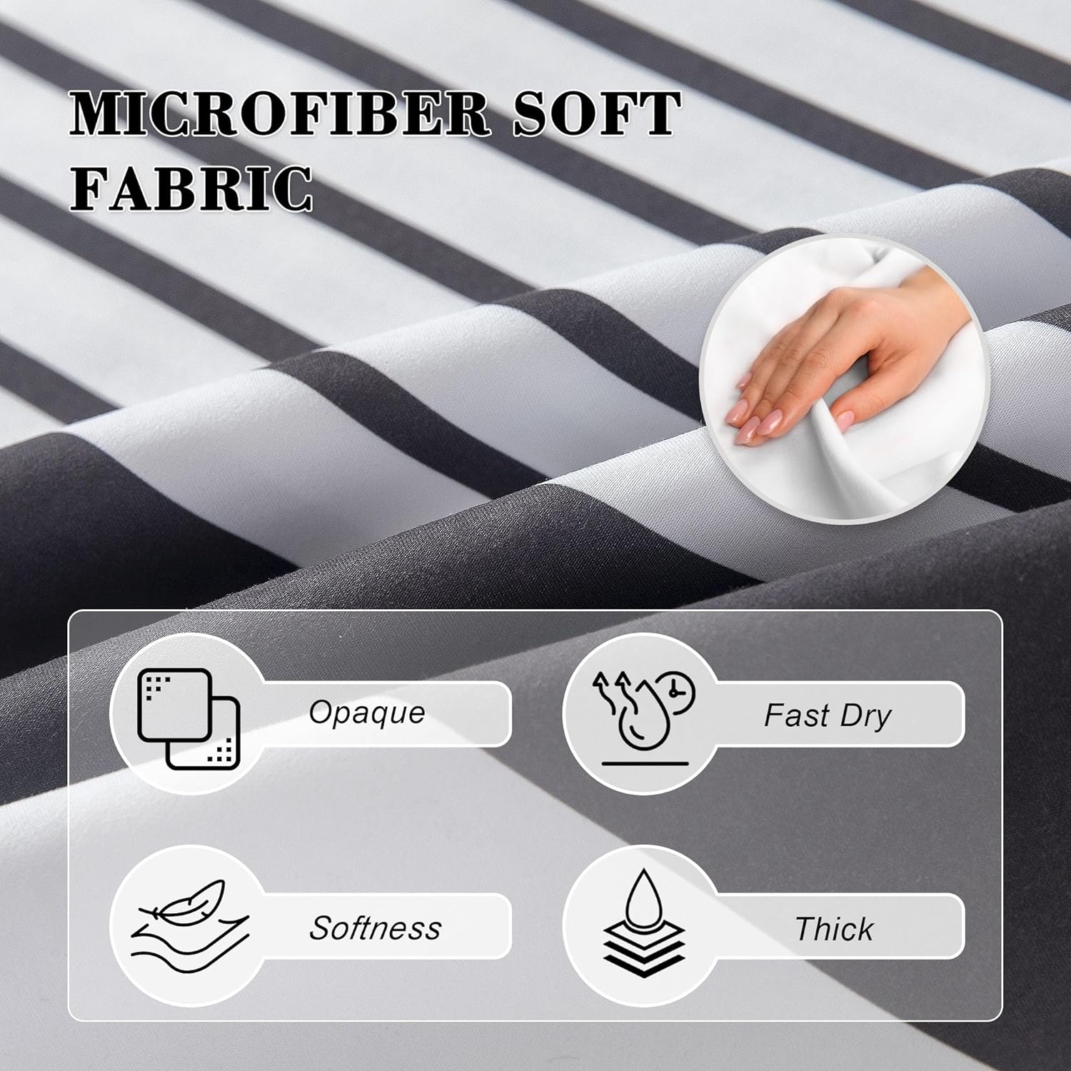 Microfiber Soft Fabric Waterproof Shower Curtain Farmhouse Black and White Striped Sets with Black Boho Tassels Modern Classics Curtains for Bathroom