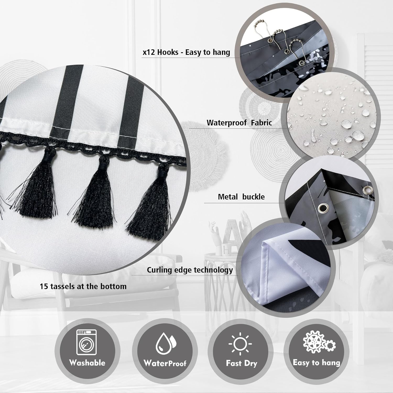 Black and White Boho Shower Curtain Set with Black Tassel Accents and Modern Minimalistic Design Waterproof Polyester,12 Anti Rust Hooks