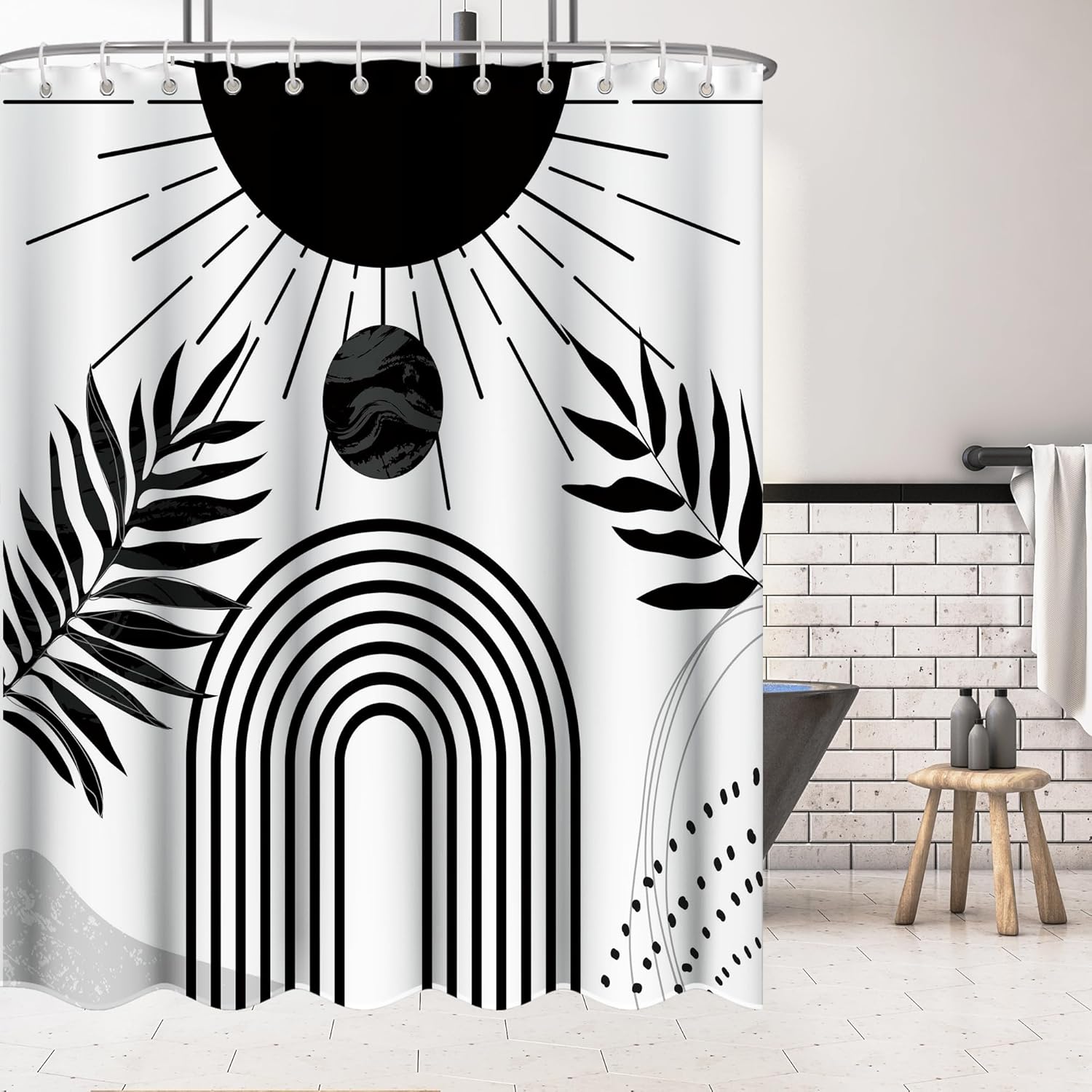 Black and White Boho Shower Curtain Set,Arch Sun Design,Sage Green Minimalistic Leaves Pattern,Waterproof and Durable Luxurious Fabric-12 Hooks
