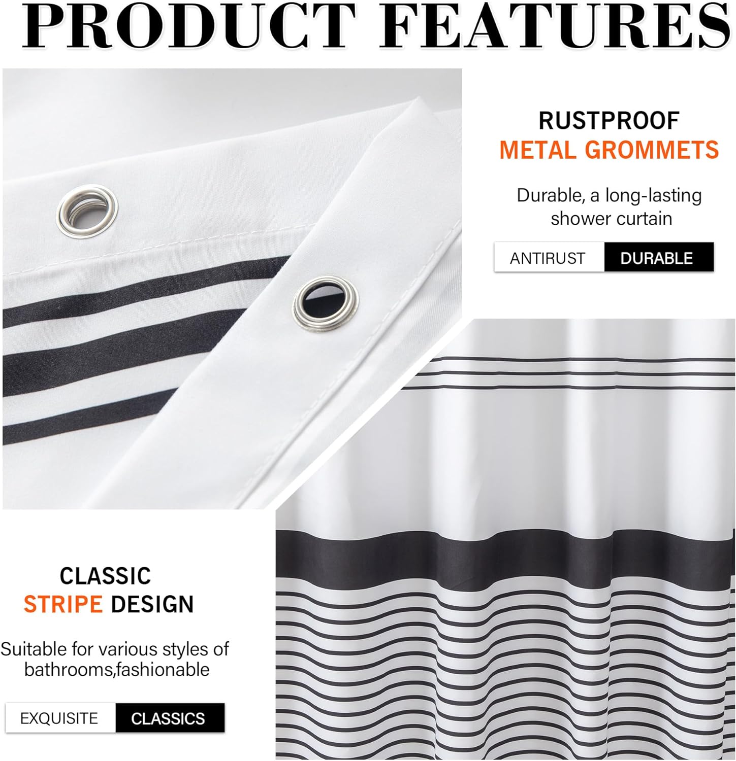 Microfiber Soft Fabric Waterproof Shower Curtain Farmhouse Black and White Striped Sets with Black Boho Tassels Modern Classics Curtains for Bathroom
