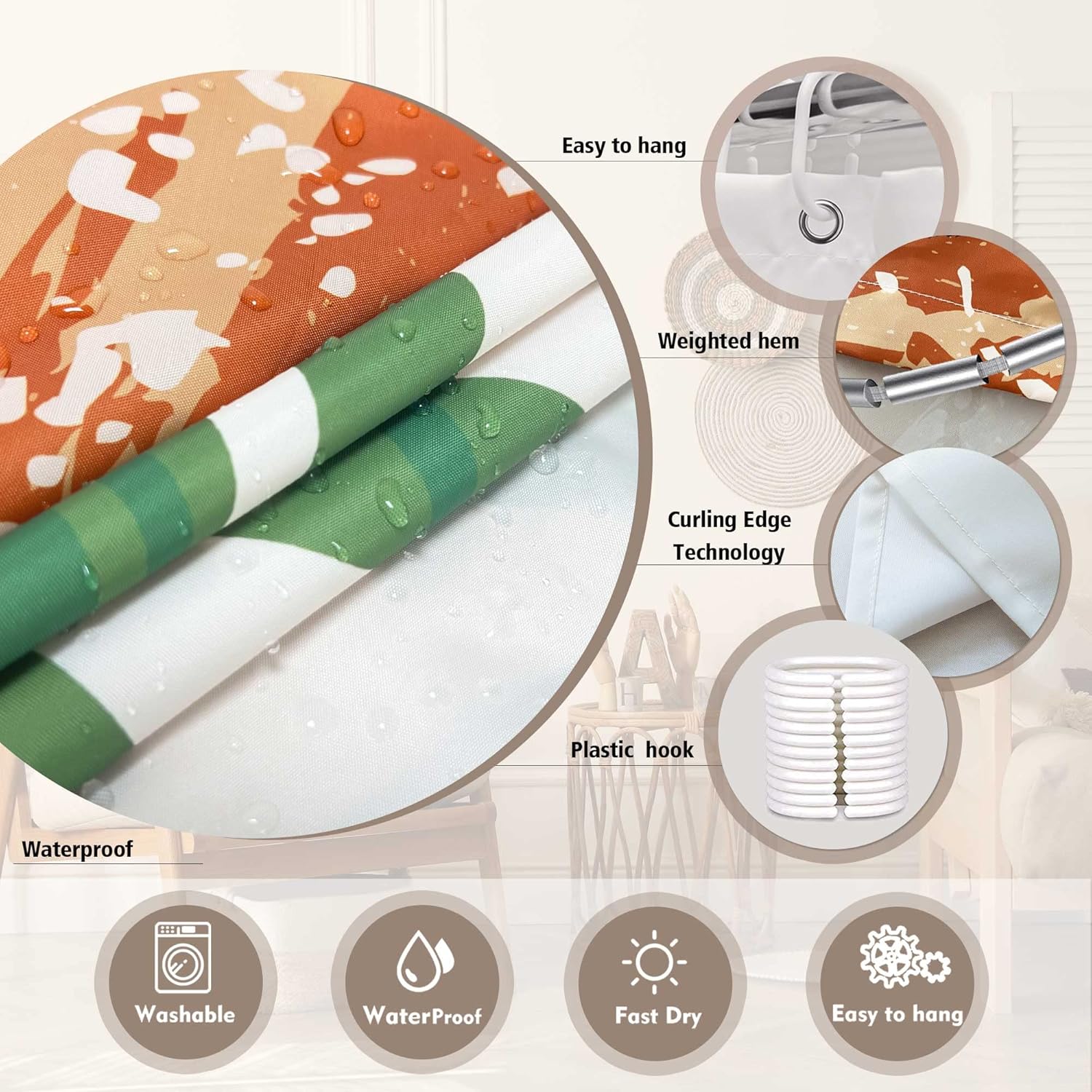 Boho Beige Shower Curtain Sets Mid Century Abstract Sun Modern Rustic Cream Curtains for Bathroom