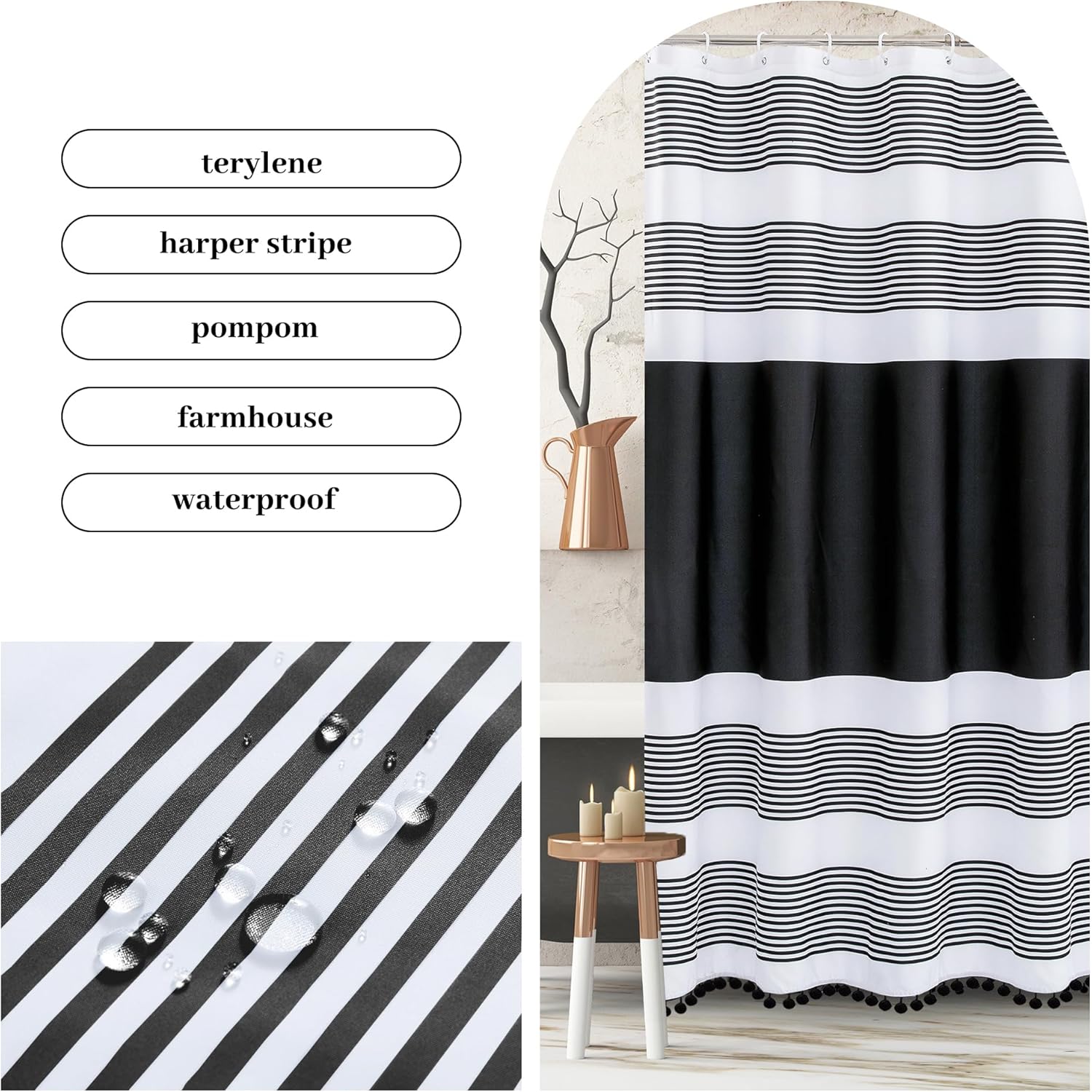 Fabric Luxury Farmhouse Black and White Stripes Curtain with Pompom Linen Black Boho Modern Classics Striped Curtains for Bathroom