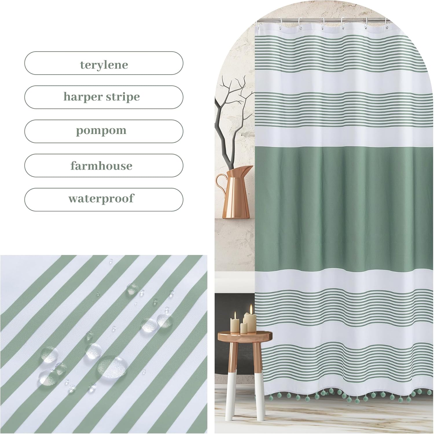 Luxury Fabric Farmhouse Sage Green Shower Curtain Green and White with Pompom Boho Modern Classics Striped Curtains with 12 Hooks Washable for Bathroom
