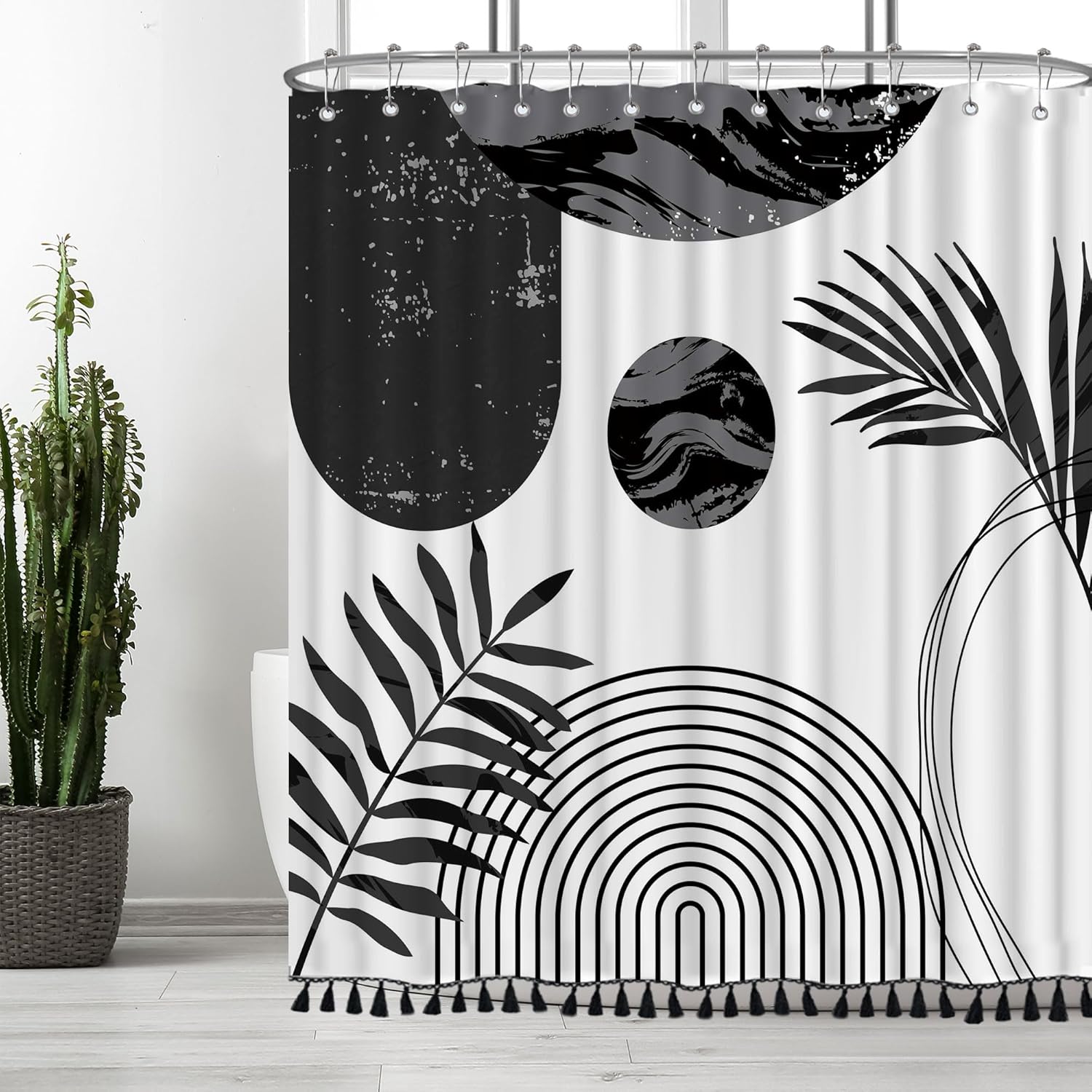 Black and White Boho Shower Curtain Set with Black Tassel Accents and Modern Minimalistic Design Waterproof Polyester,12 Anti Rust Hooks