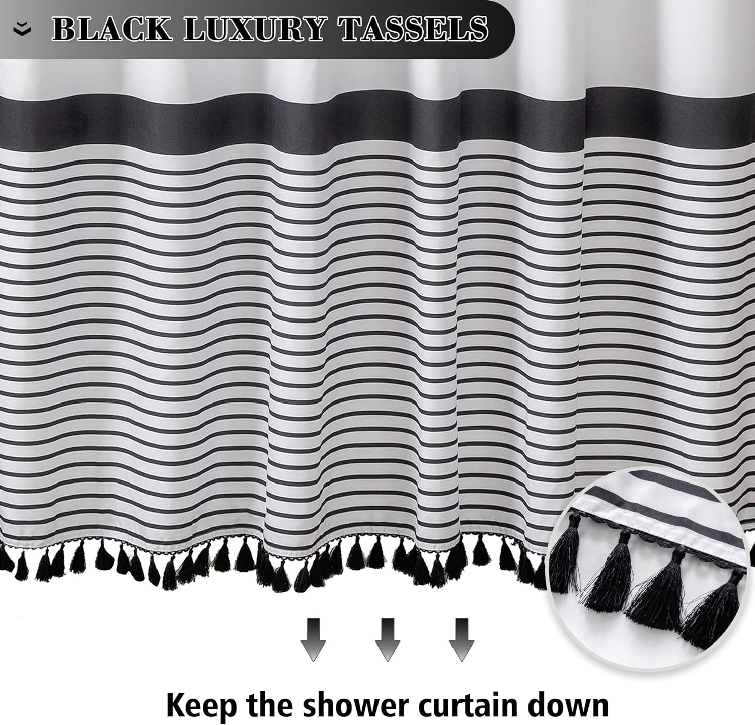 Microfiber Soft Fabric Waterproof Shower Curtain Farmhouse Black and White Striped Sets with Black Boho Tassels Modern Classics Curtains for Bathroom