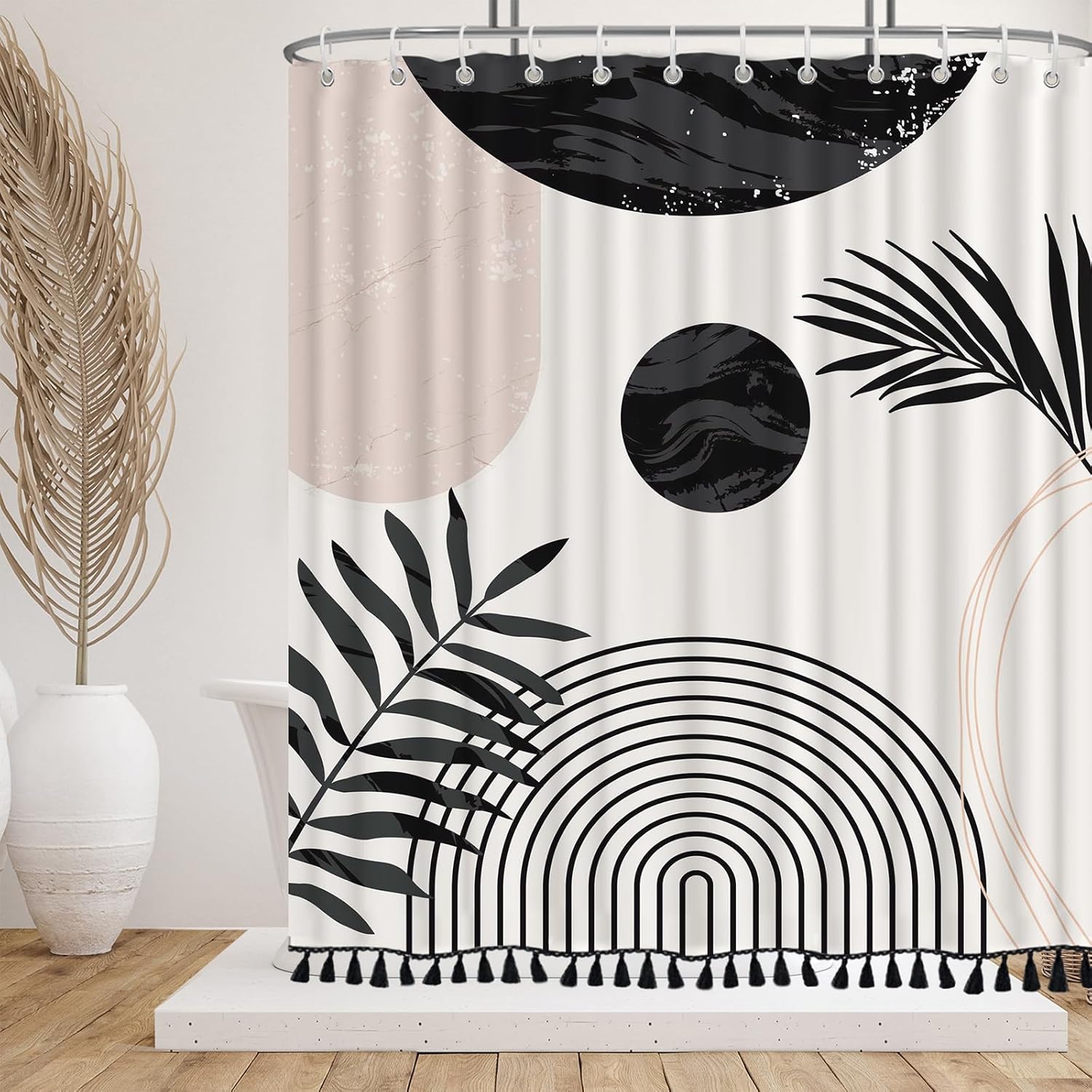 Boho Black and White Mid Century Leaf Shower Curtain Set,Arch Sun Design,Minimalistic Leaves Pattern,Waterproof and Luxurious Fabric-12 Hooks(72" x 72")