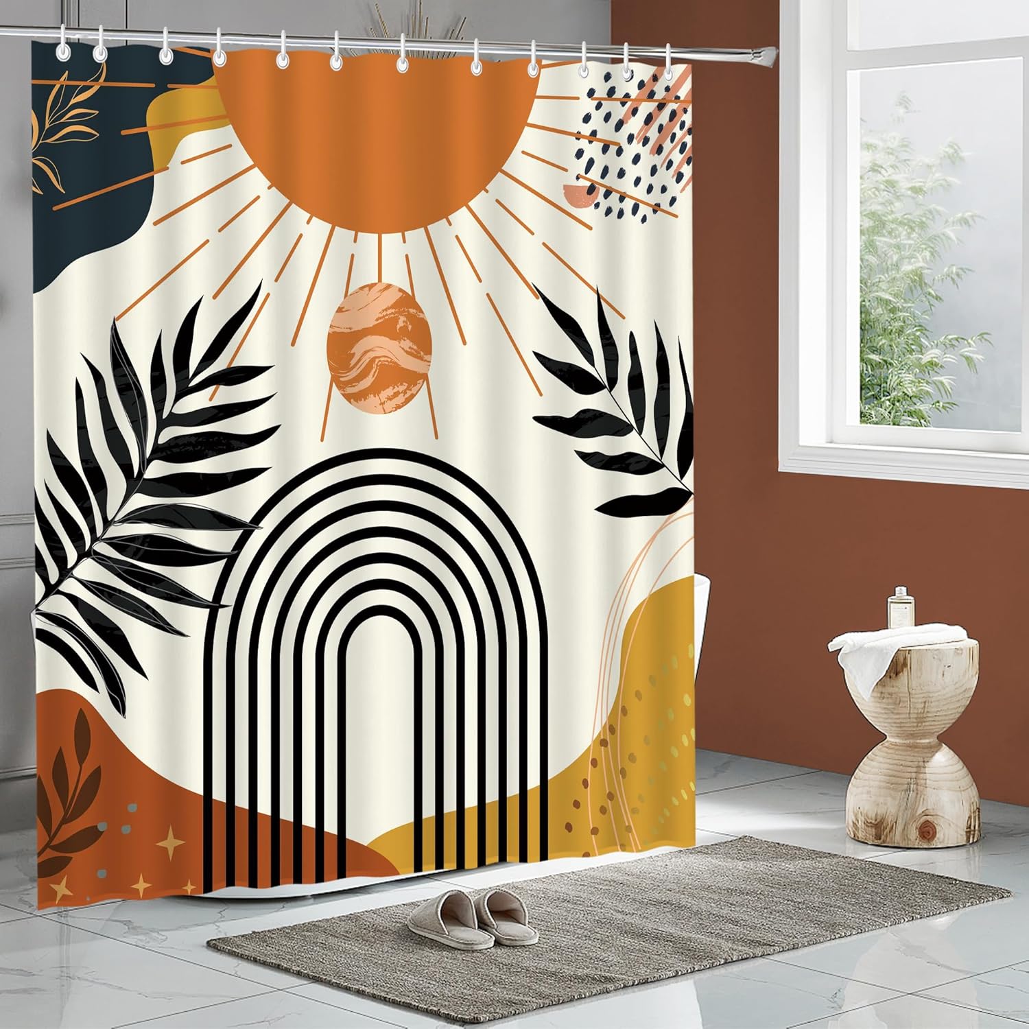 Abstract Tangerine Boho Shower Curtain Set,Arch Sun Design,Sage Green Minimalistic Leaves Pattern,Waterproof and Durable Luxurious Fabric-12 Hooks