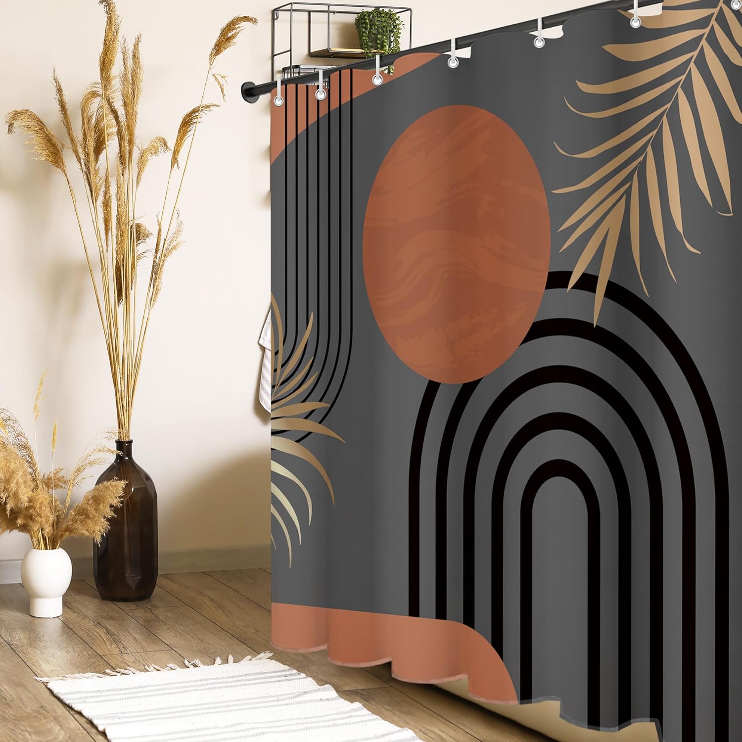 Brown Abstract Boho Mid Century Leaf Shower Curtain,Arch Sun Design, Minimalistic Leaves Pattern,Waterproof and Luxurious BrownFabric-12 Hooks