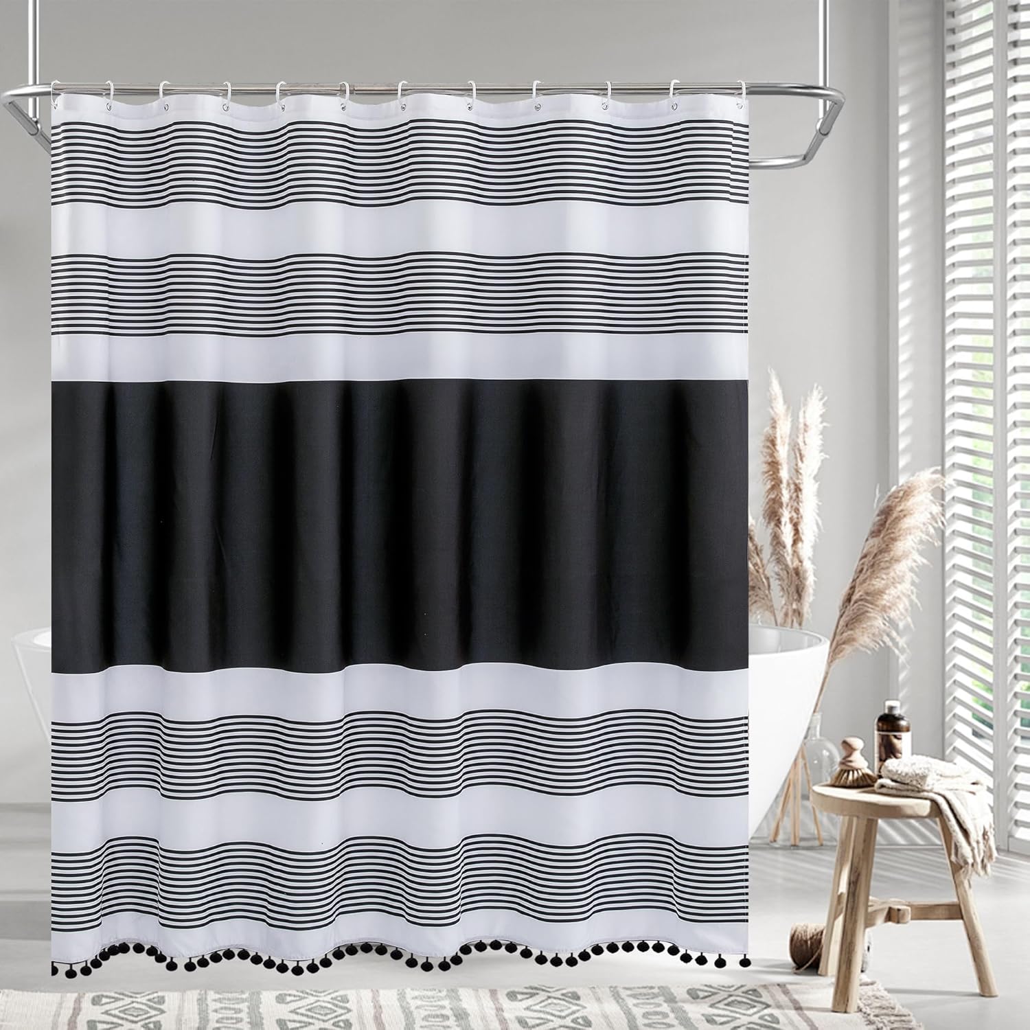Fabric Luxury Farmhouse Black and White Stripes Curtain with Pompom Linen Black Boho Modern Classics Striped Curtains for Bathroom