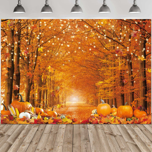Haboke Autumn Forest Scenery Photography Backdrop with Pumpkins