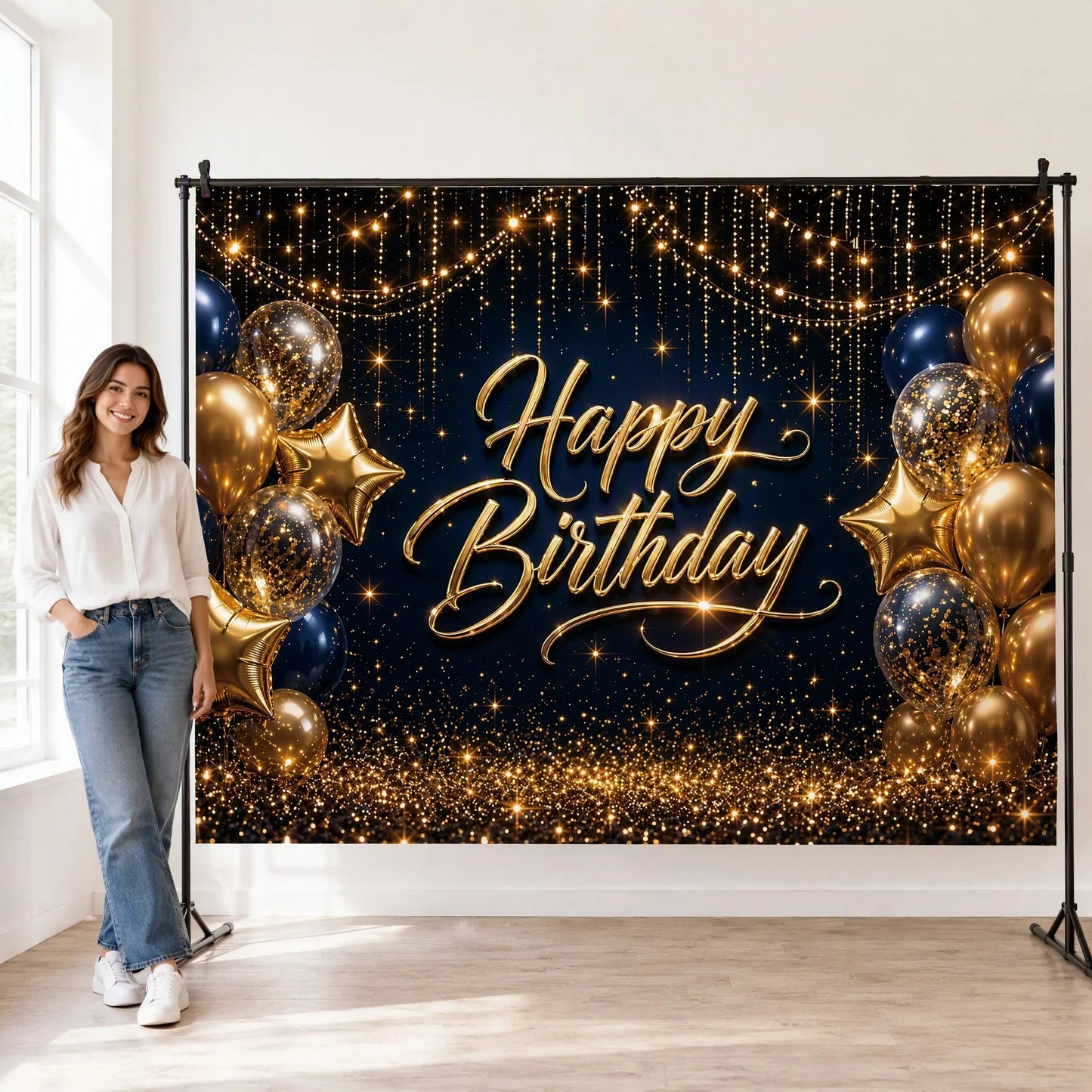 Navy Blue and Gold Backdrop Size Reference with Person