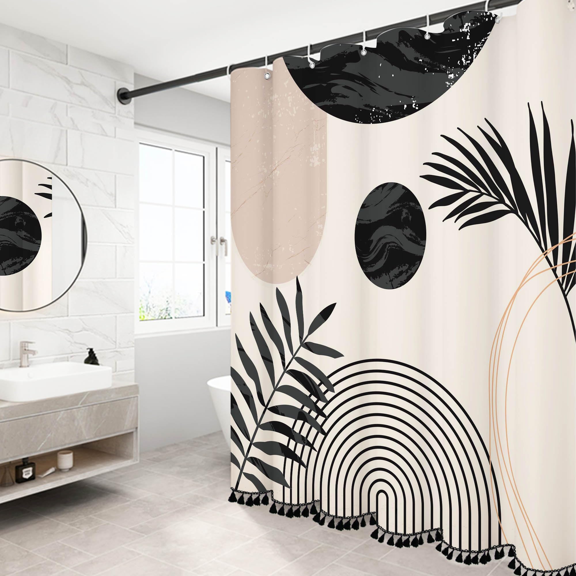 Boho Mid Century Leaf Shower Curtain Set,Arch Sun Design,Minimalistic Leaves Pattern,Waterproof and Luxurious Fabric-12 Hooks