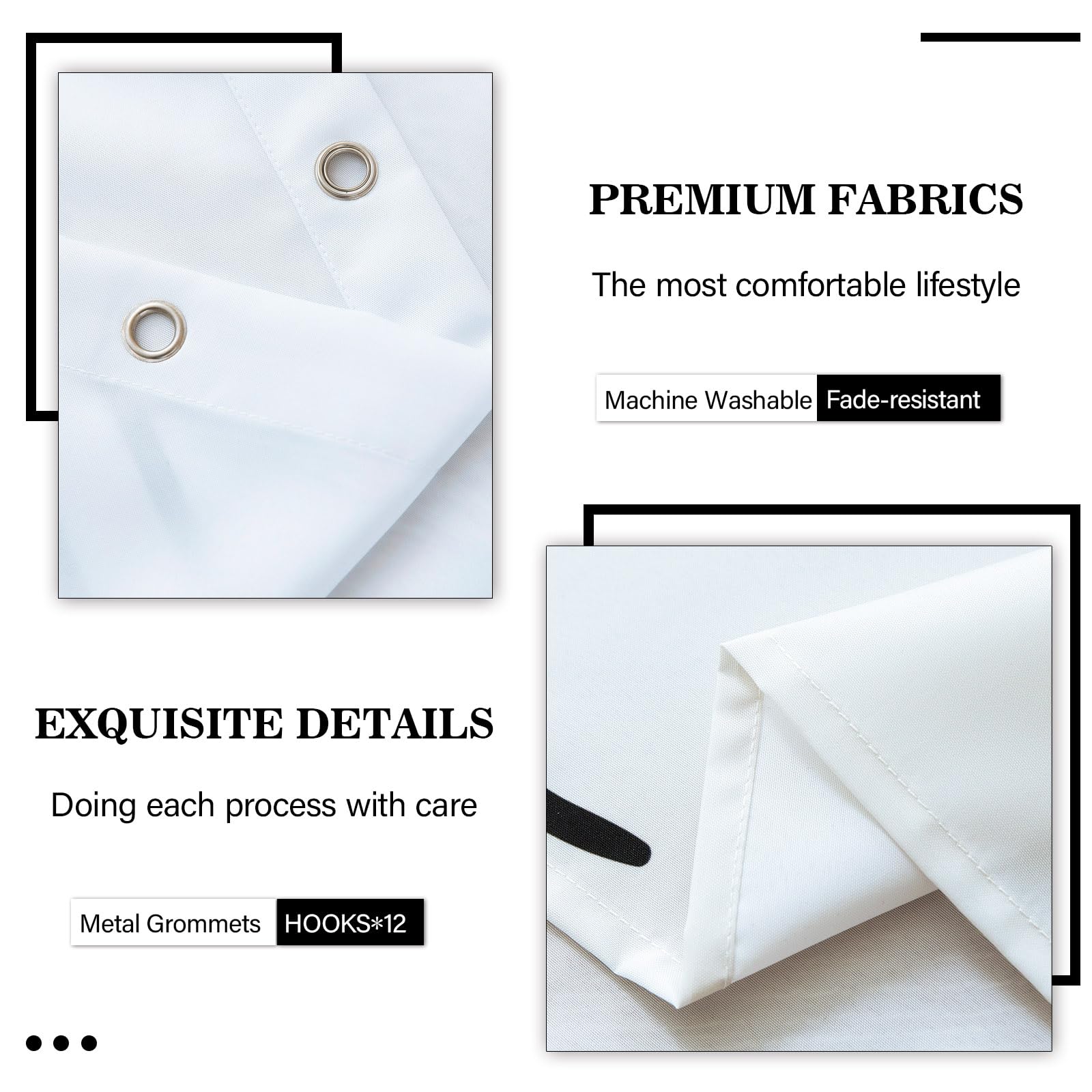 Geometric black and white squares Pattern Shower Curtain Set ,Waterproof and Luxurious Fabric-12 Hooks