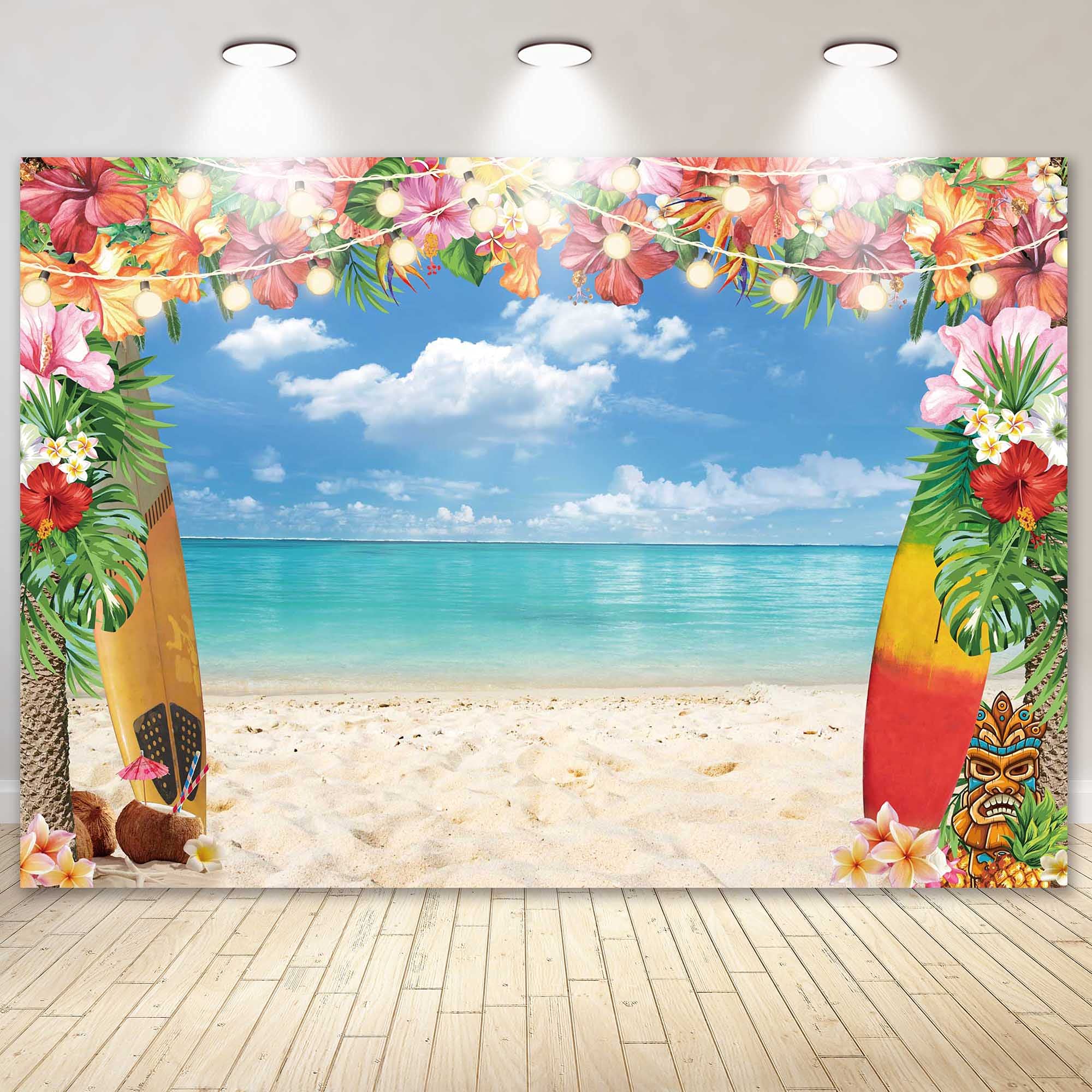 Summer Hawaiian Beach Backdrop for Photography Tropical Flower Luau Hawaiian Party Decorations Aloha Blue Sky Ocean Palm Leaves Background Supplies Photoshoot