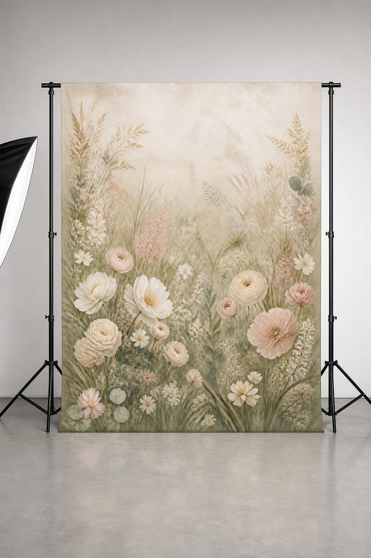 Ivory Floral Meadow Wedding Photo Backdrop | 3 Sizes - studio photography backdrop, image 1 of 5